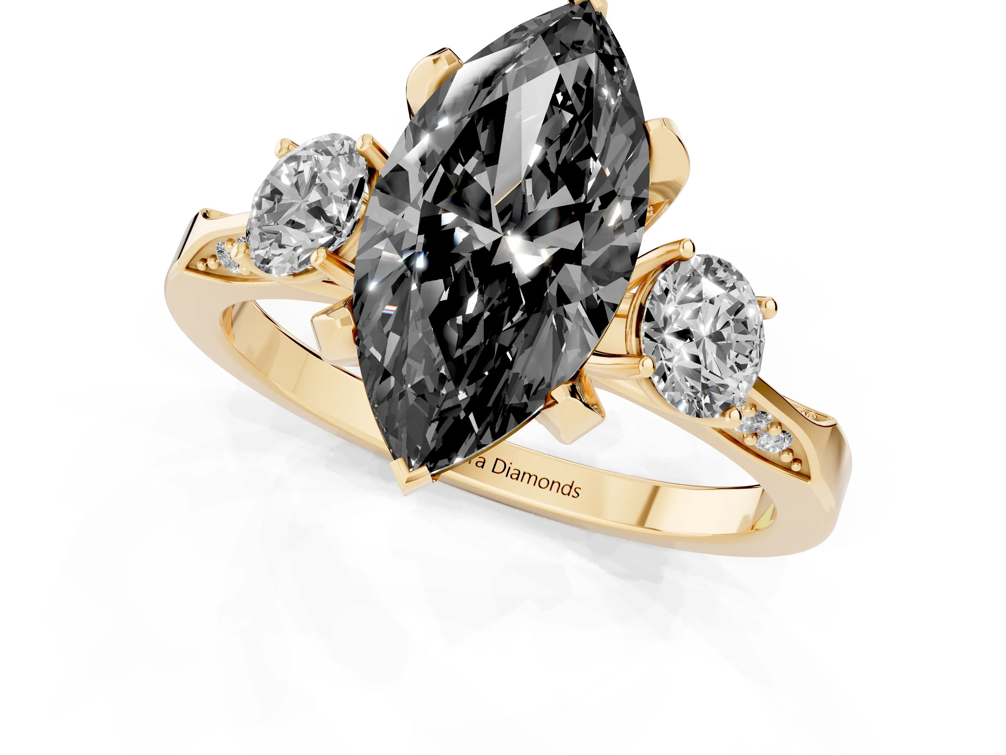 Fancy Black Marquise Cut Diamond Three-Stone Ring Set in Yellow gold with Pavé Band and Smaller Side Stones