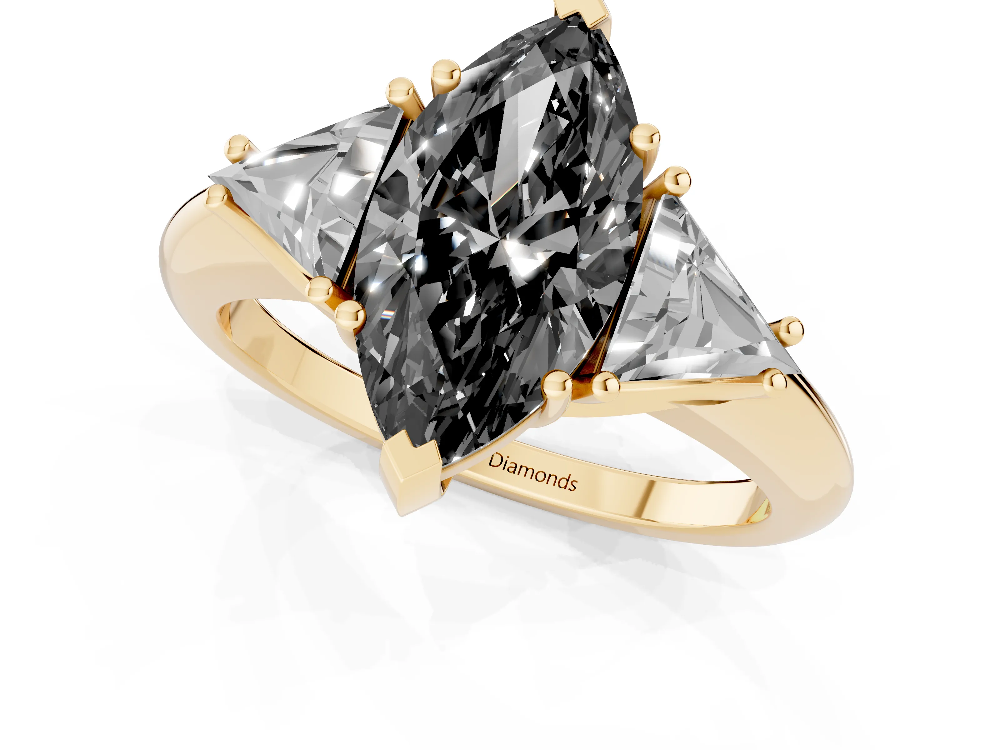 Fancy Black Marquise Cut Diamond Three-Stone Engagement Ring Set in Yellow gold with Trillion Side Stones