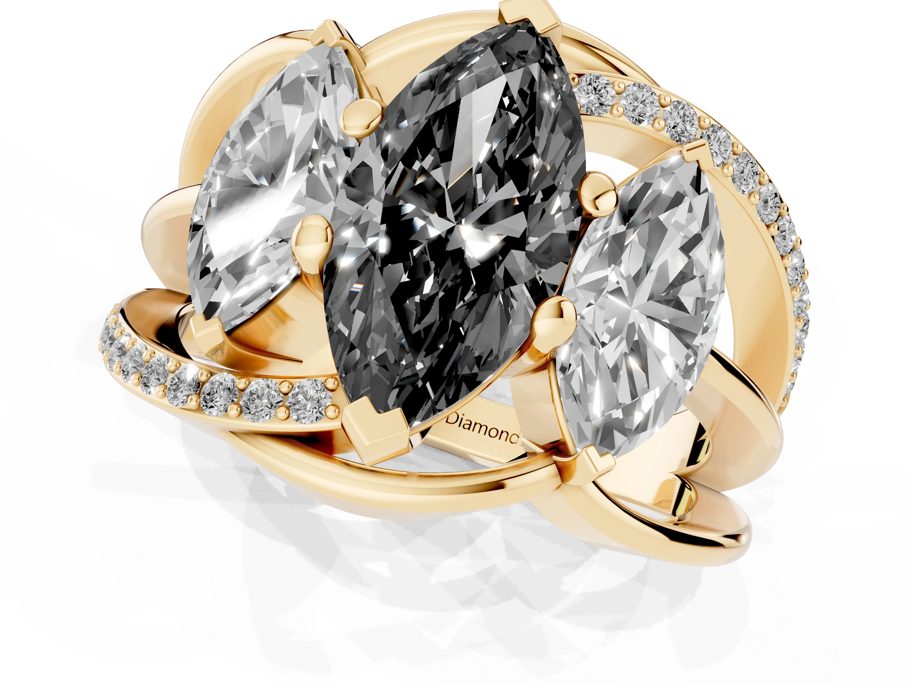 Fancy Black Marquise Cut Diamond Three-Stone Ring Set in Yellow gold with Split Shank and Prong Setting