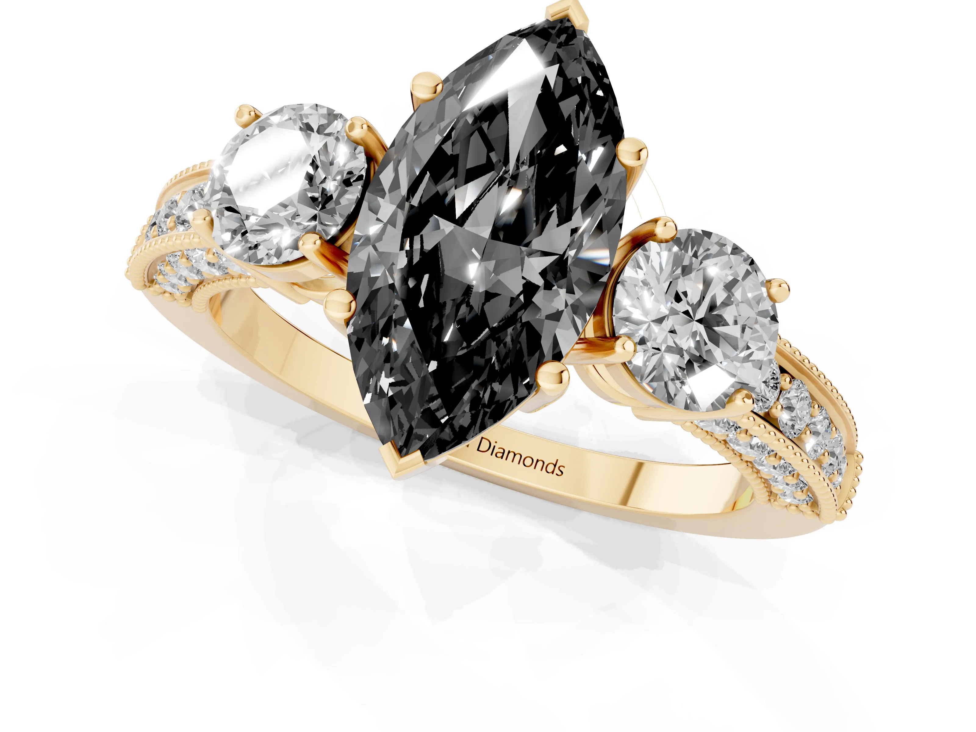 Fancy Black Marquise Cut Diamond Three-Stone Ring Set in Yellow gold with Round Side Stones and Pavé Band