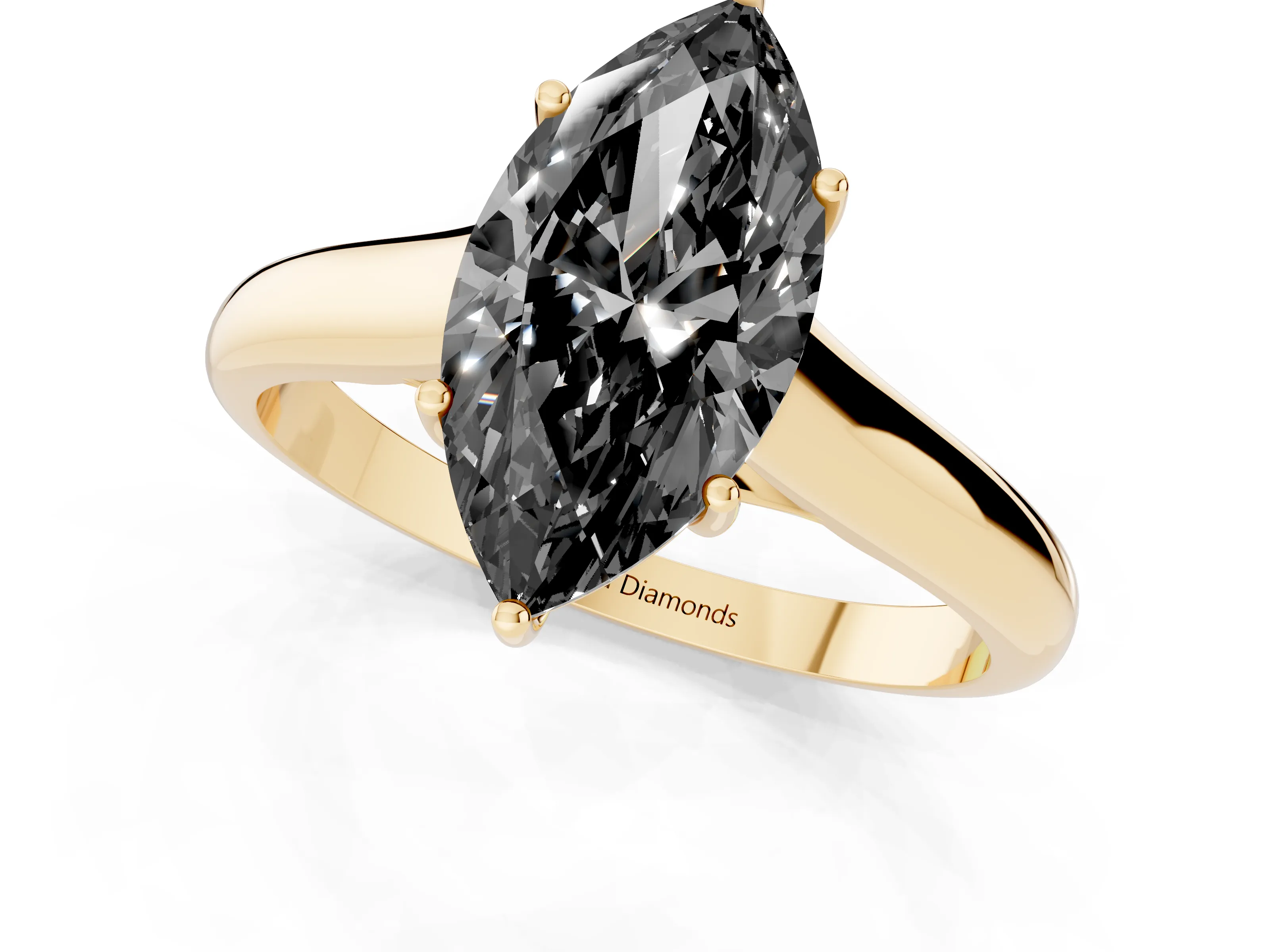 Fancy Black Marquise Cut Diamond Solitaire Engagement Ring Set in Yellow gold with Subtly Tapered Band and Prong Setting