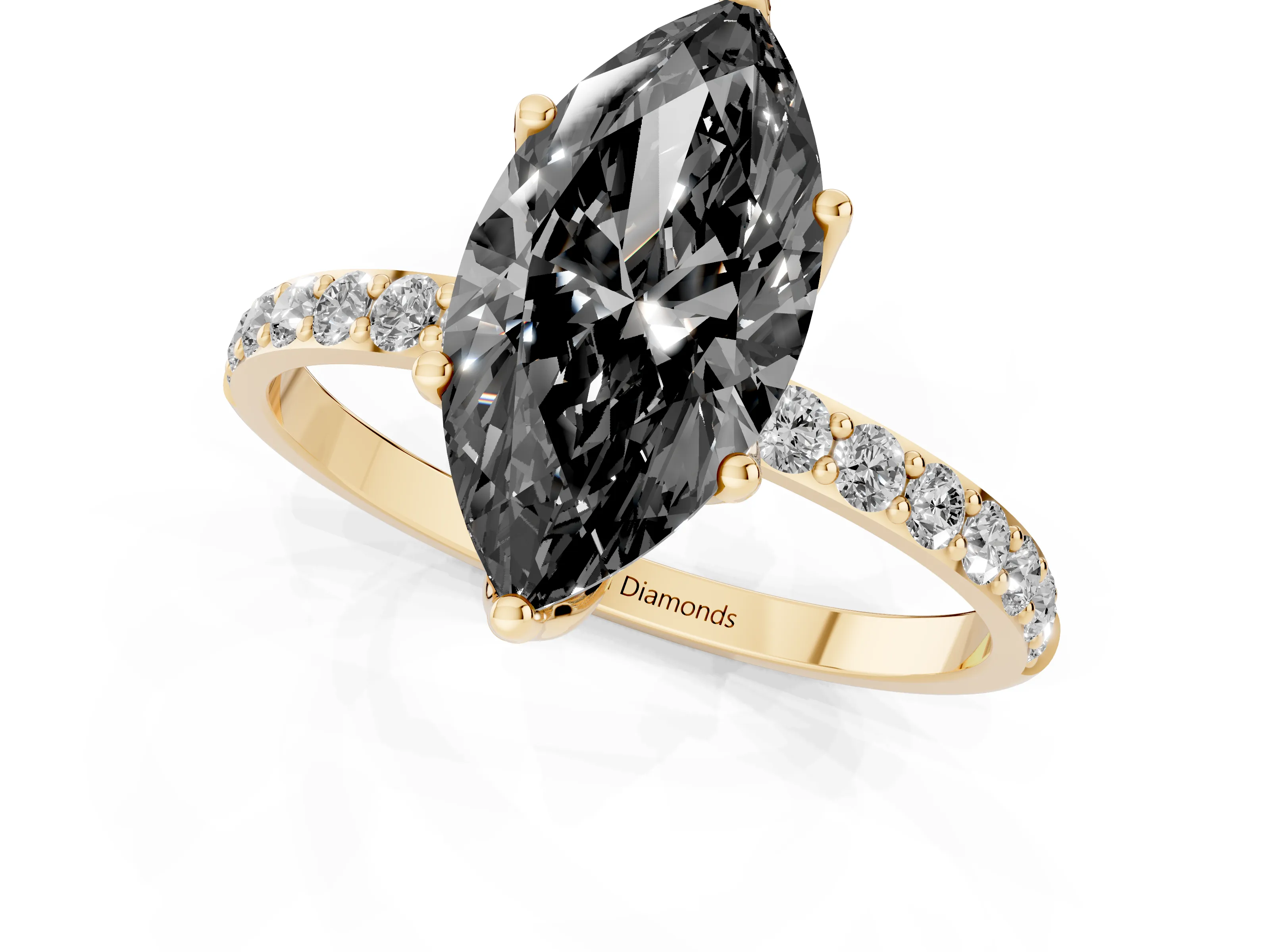 Fancy Black Marquise Cut Diamond Solitaire Engagement Ring Set in Yellow gold with Round Pavé Band and Prong Setting