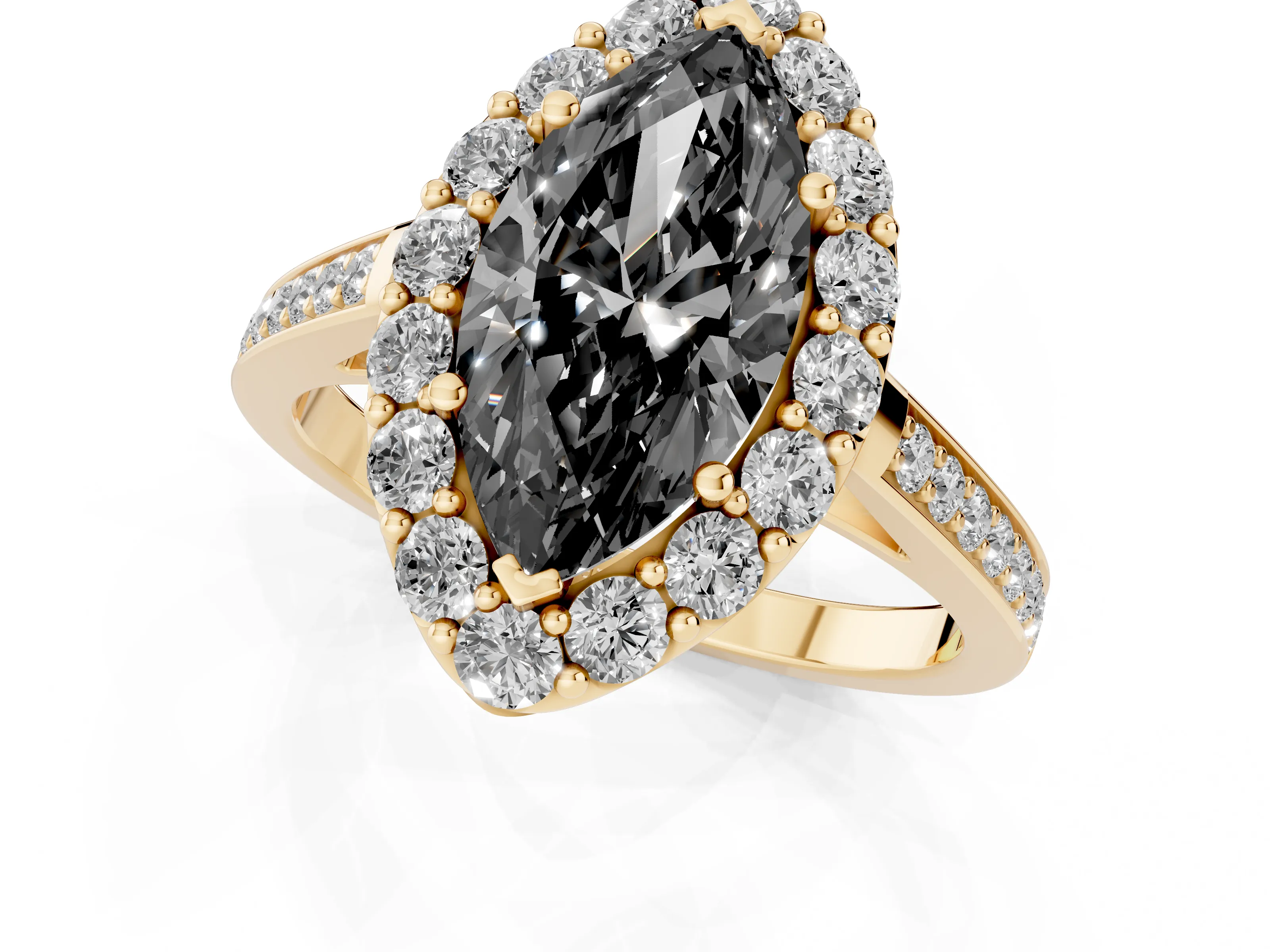 Fancy Black Marquise Cut Diamond Floral Halo Ring Set in Yellow gold with Pavé Band and Prong Setting
