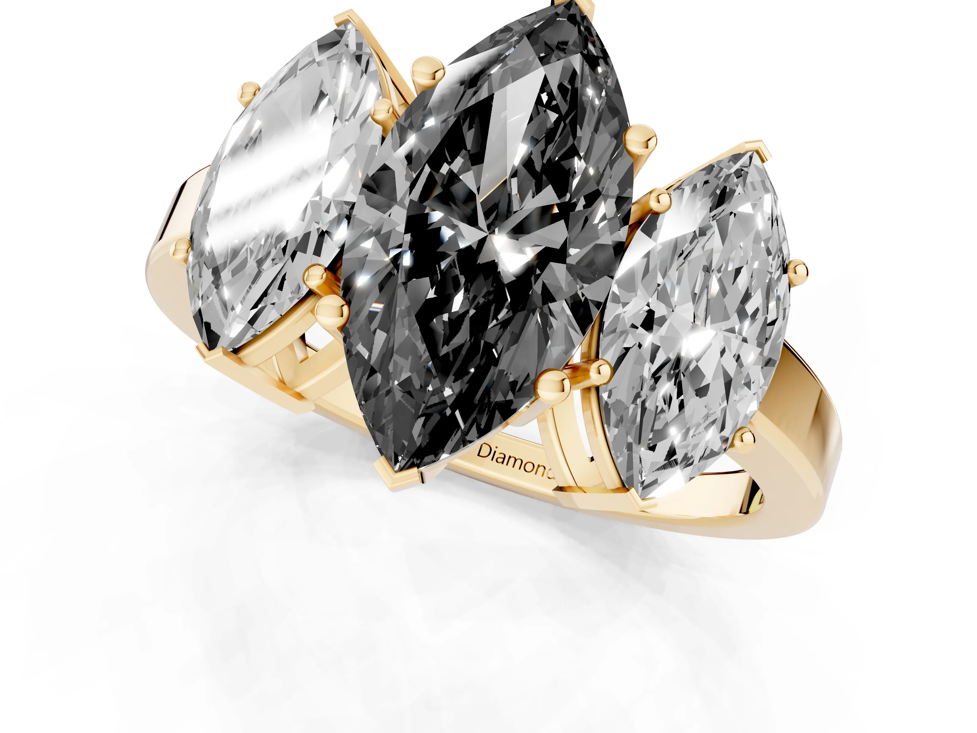 Fancy Black Marquise Cut Diamond Three-Stone Engagement Ring Set in Yellow gold with Flat Band
