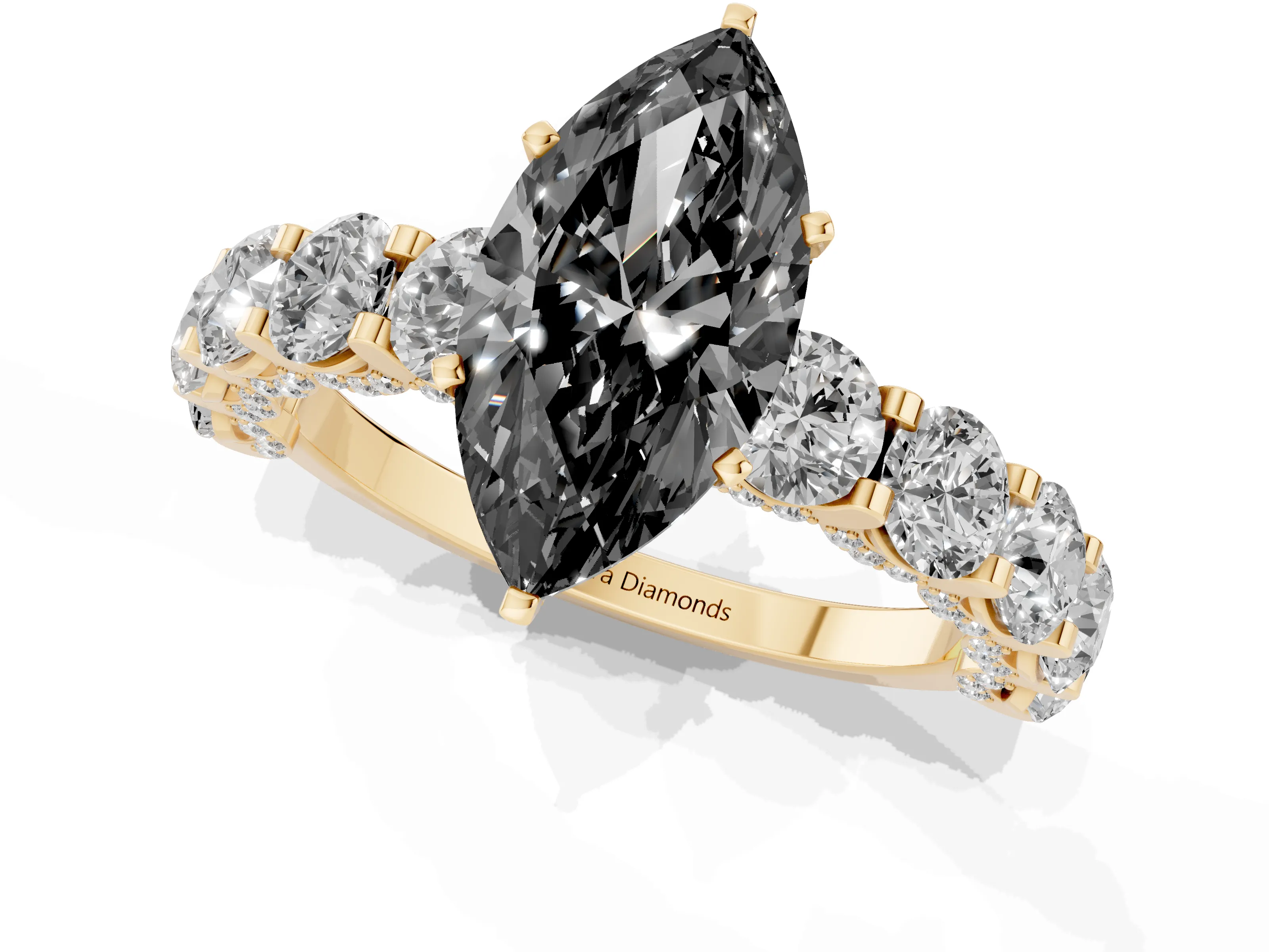 Fancy Black Marquise Cut Diamond Side Stone Ring Set in Yellow gold with Alternating Round and Oval Side Stones