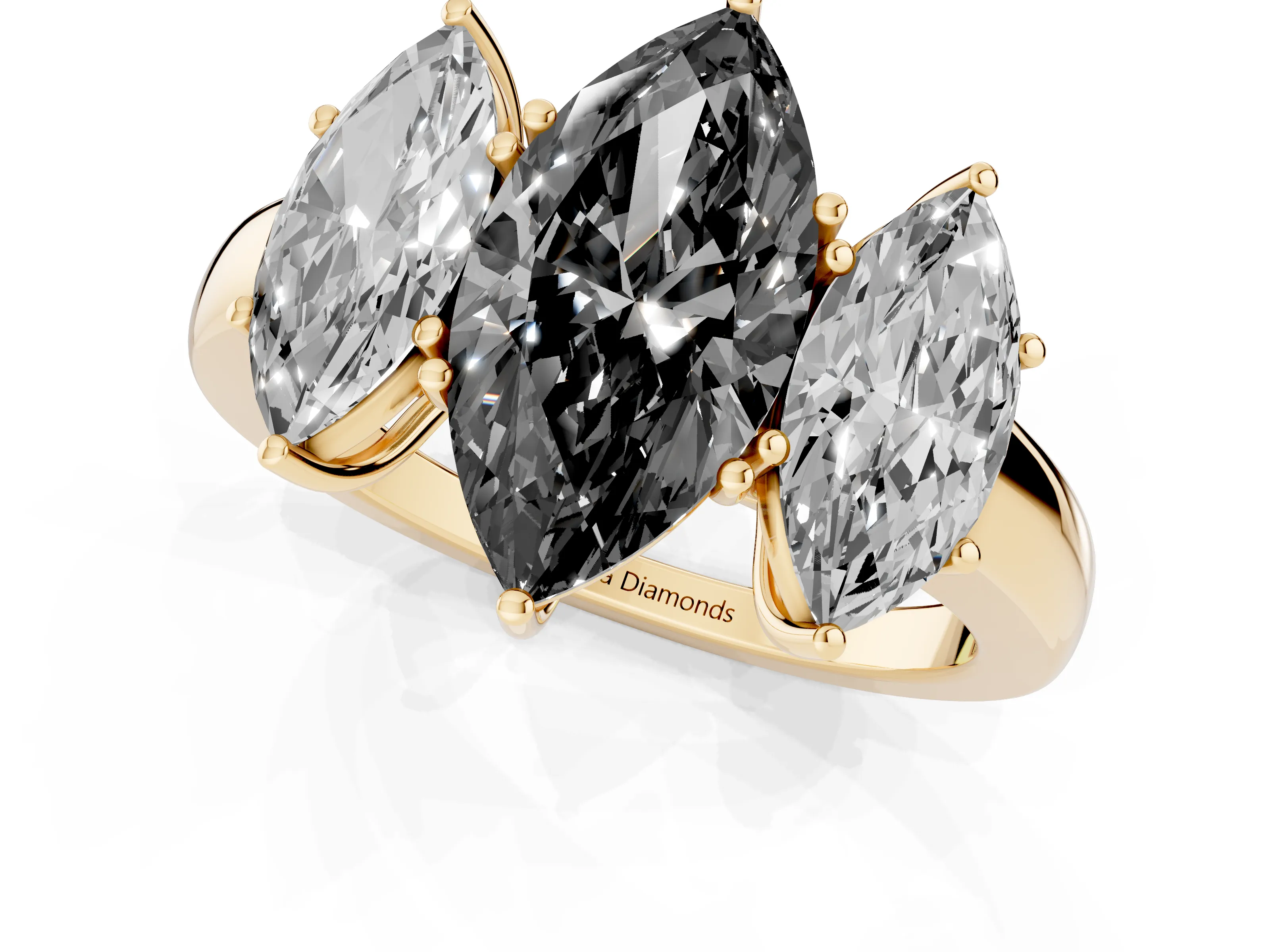 Fancy Black Marquise Cut Diamond Three-Stone Ring Set in Yellow gold with Bold Center and Classic Band