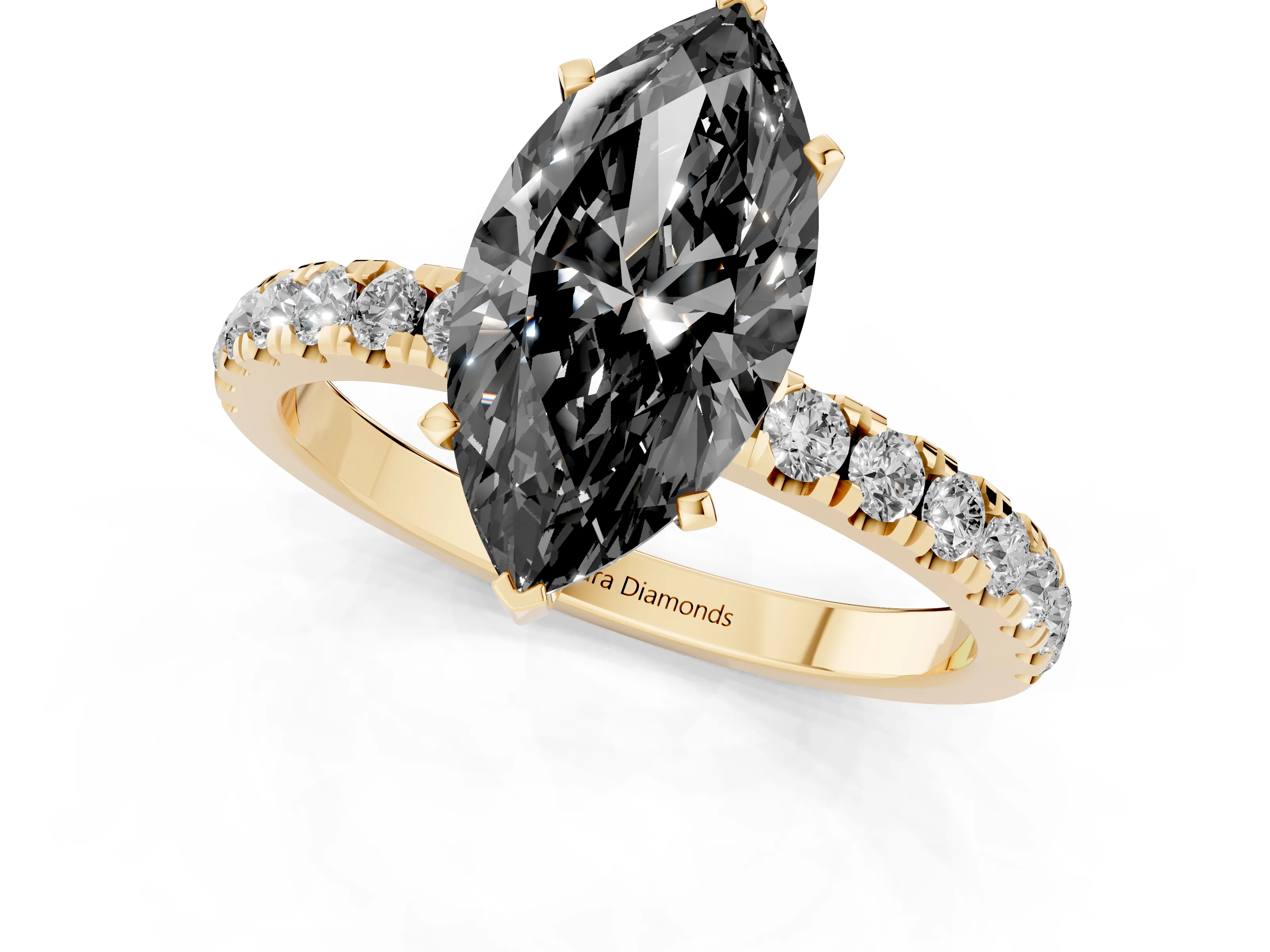 Fancy Black Marquise Cut Diamond Solitaire Ring Set in Yellow gold with Pavé Accents and Prong Setting