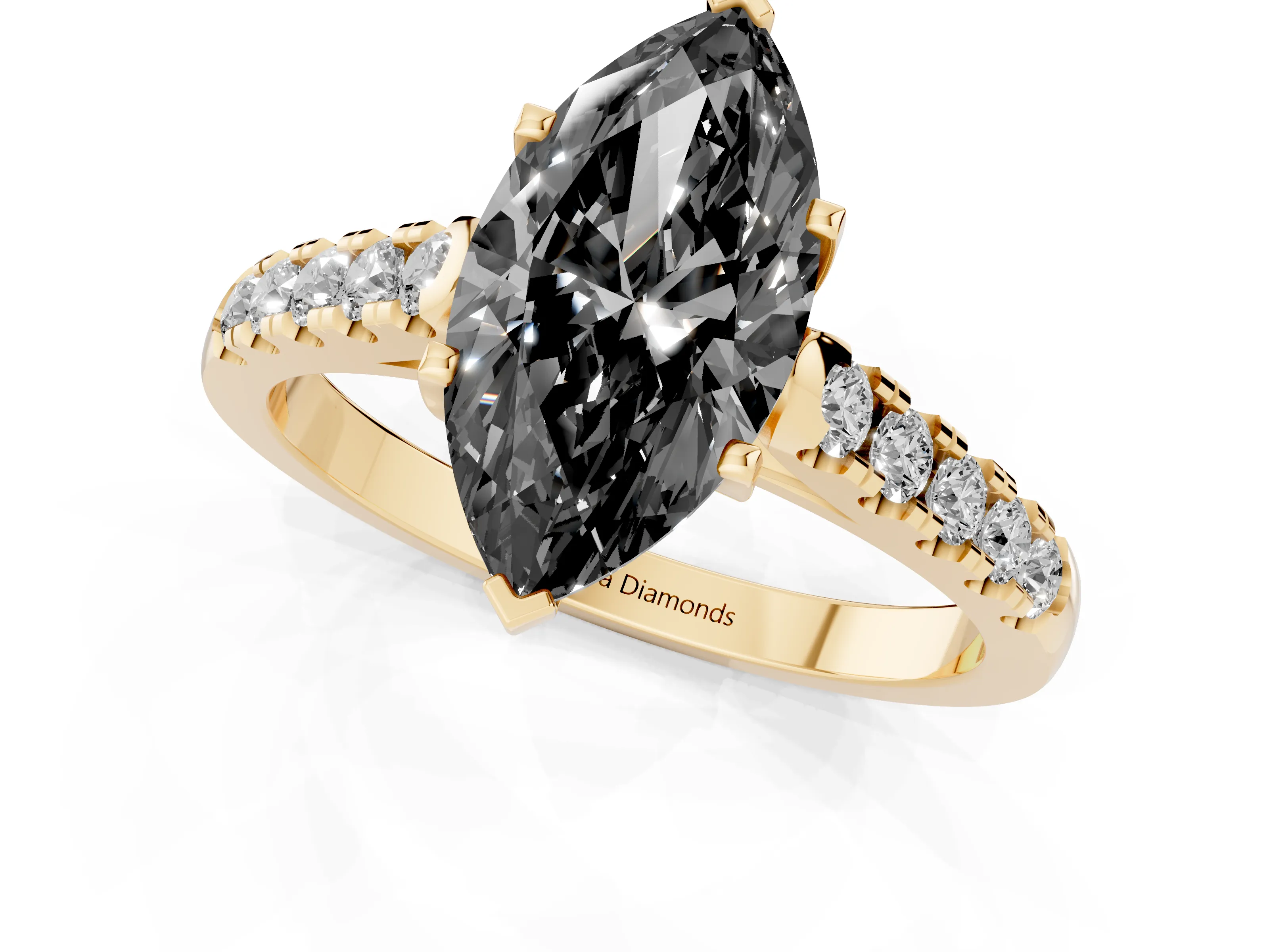 Fancy Black Marquise Cut Diamond Pavé Band Solitaire Ring Set in Yellow gold with Partway Accent Stones and Prong Setting