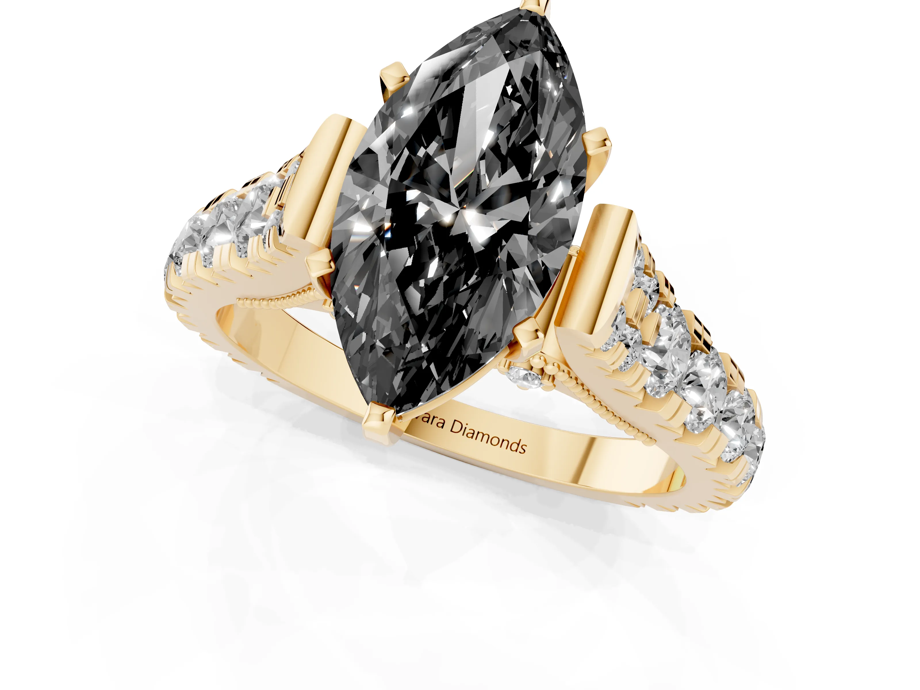 Fancy Black Marquise Cut Diamond Classic Solitaire Ring Set in Yellow gold with Pavé Band and Prong Setting