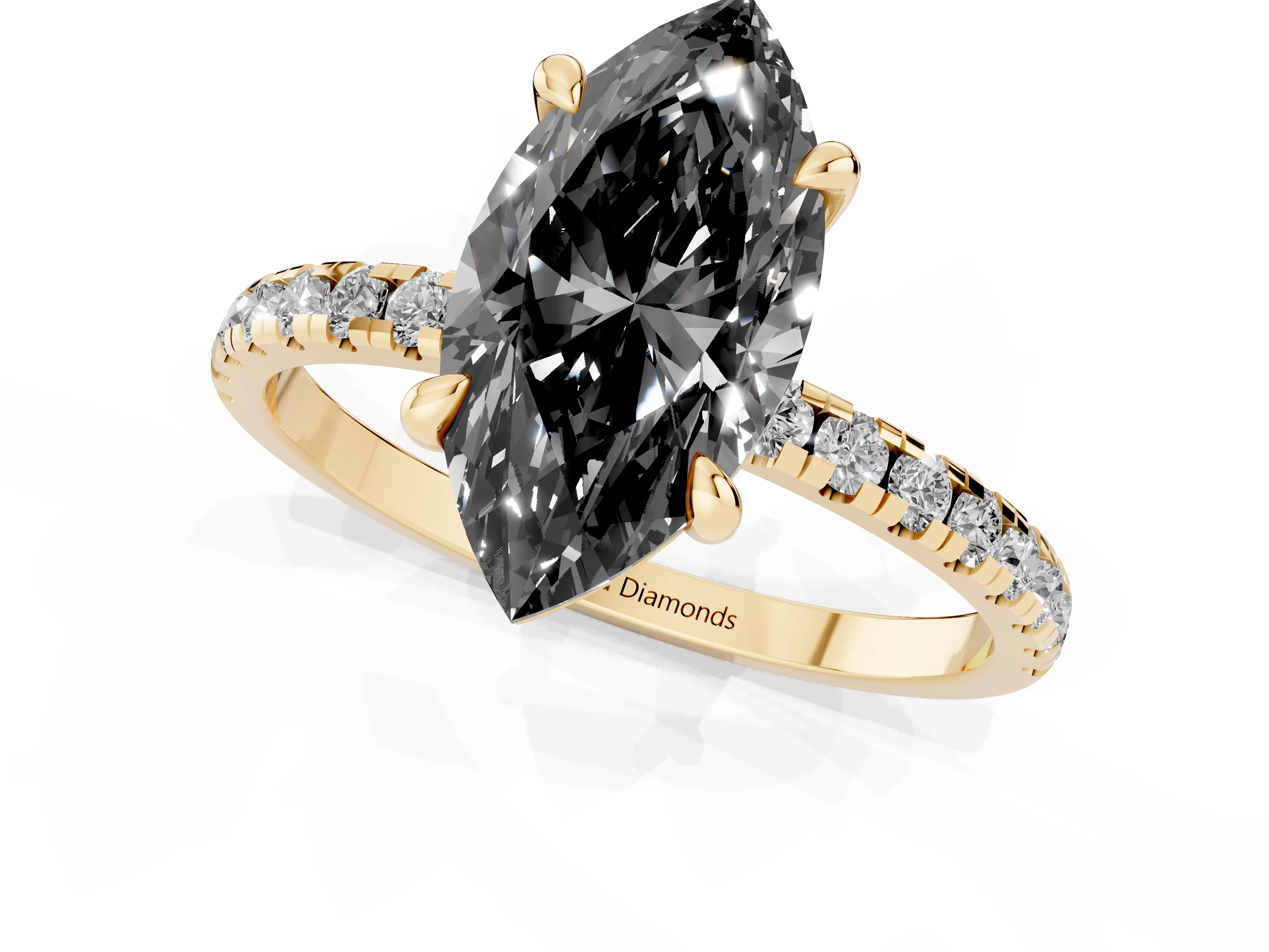Fancy Black Marquise Cut Diamond Brilliant Solitaire Ring Set in Yellow gold with Pavé Band and Prong Setting
