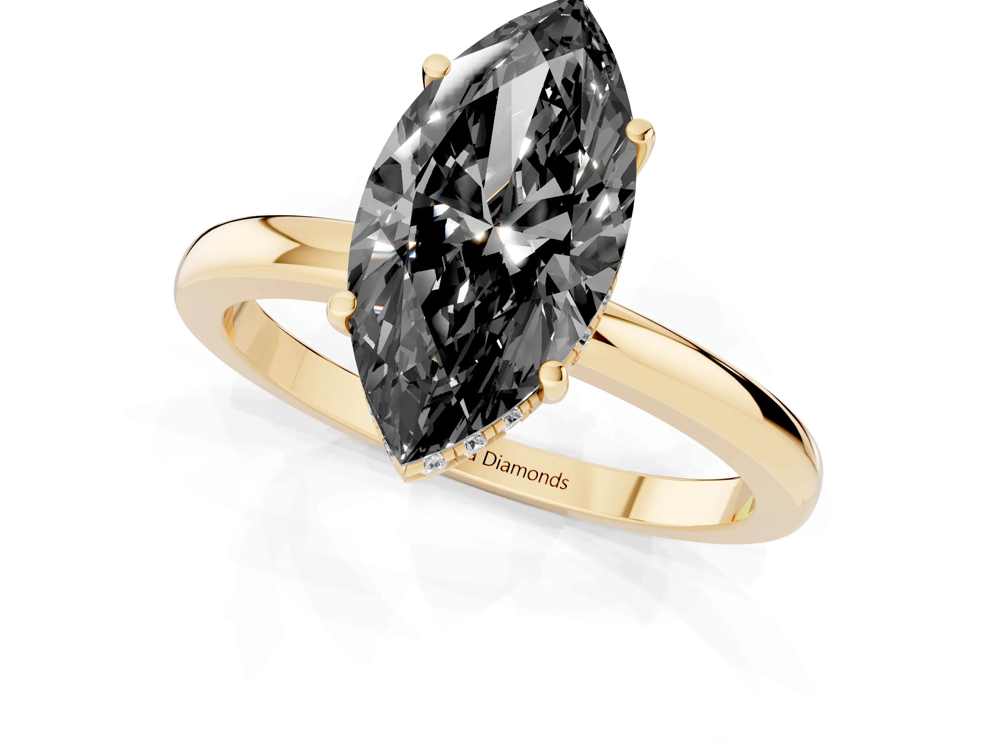 Fancy Black Marquise Cut Diamond Solitaire Ring Set in Yellow gold with Plain Band and Prong Setting