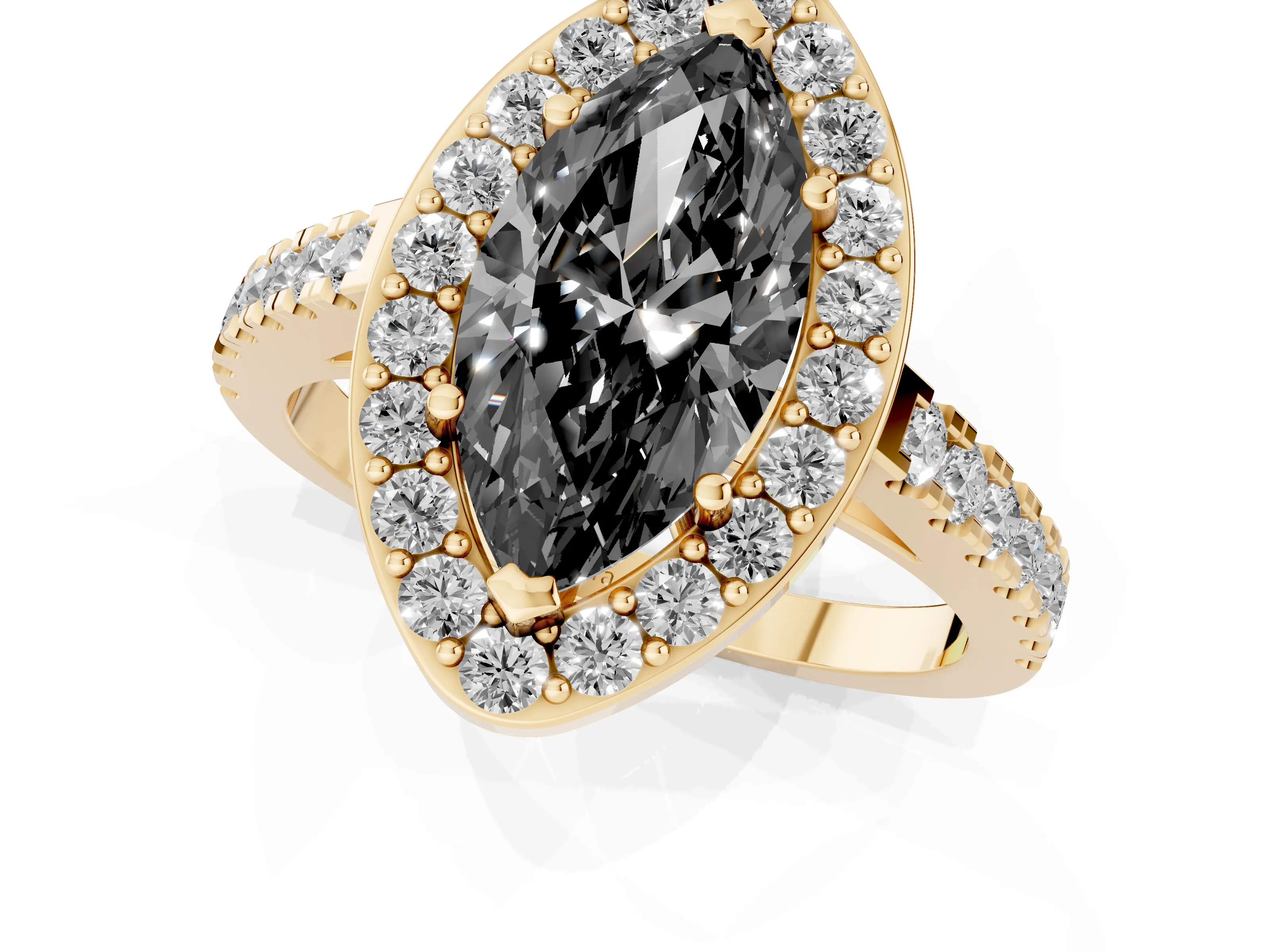 Fancy Black Marquise Cut Diamond Halo Ring Set in Yellow gold with Round Pavé Split Shank and Prong Setting