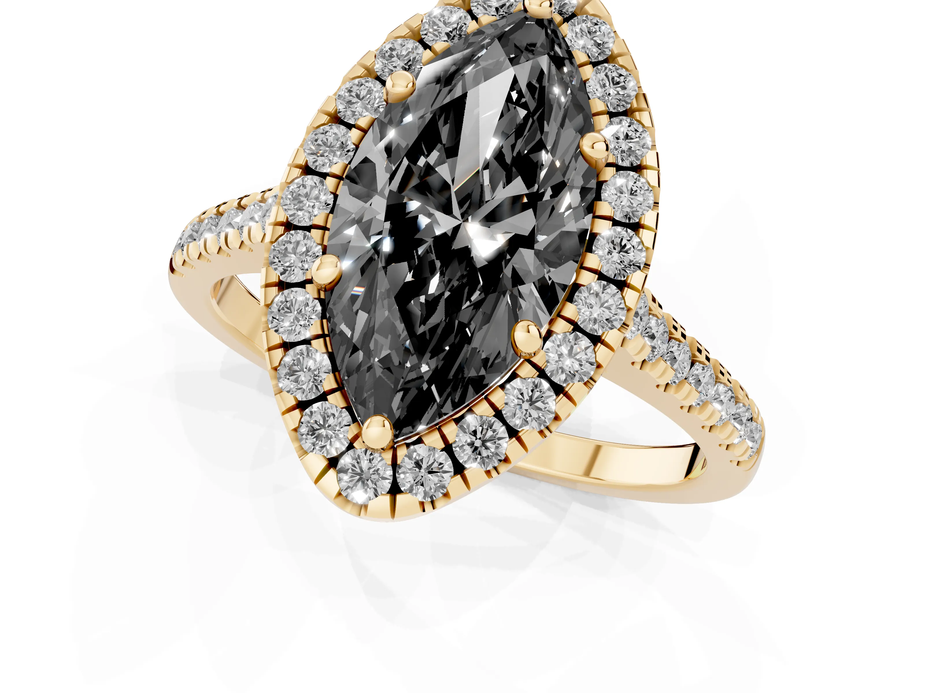 Fancy Black Marquise Cut Diamond Cushion Halo Ring Set in Yellow gold with Pavé Band