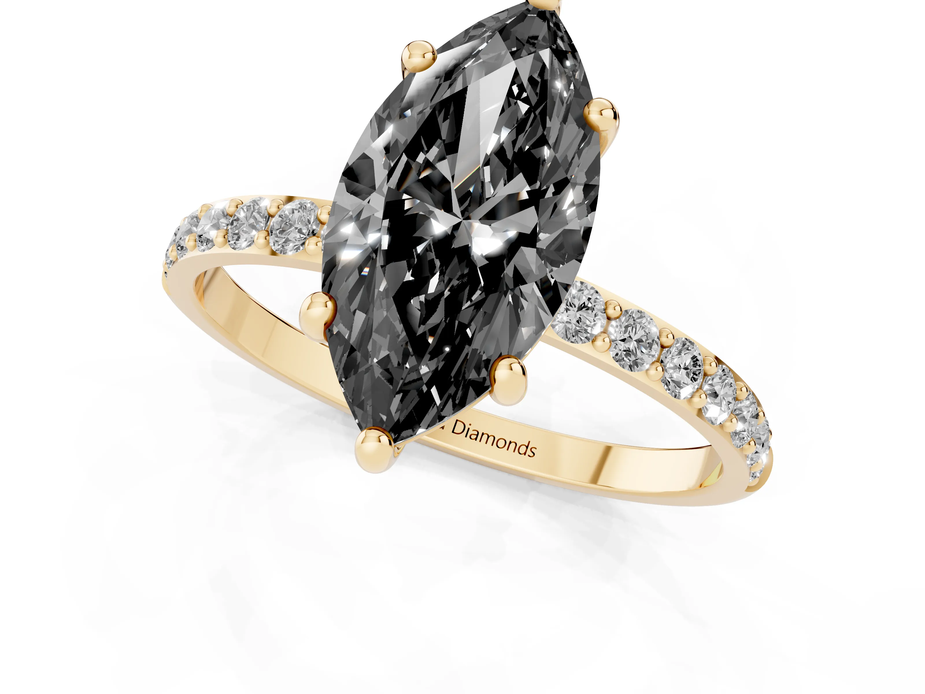 Fancy Black Marquise Cut Diamond Solitaire Ring Set in Yellow gold with Round Pavé Band and Prong Setting