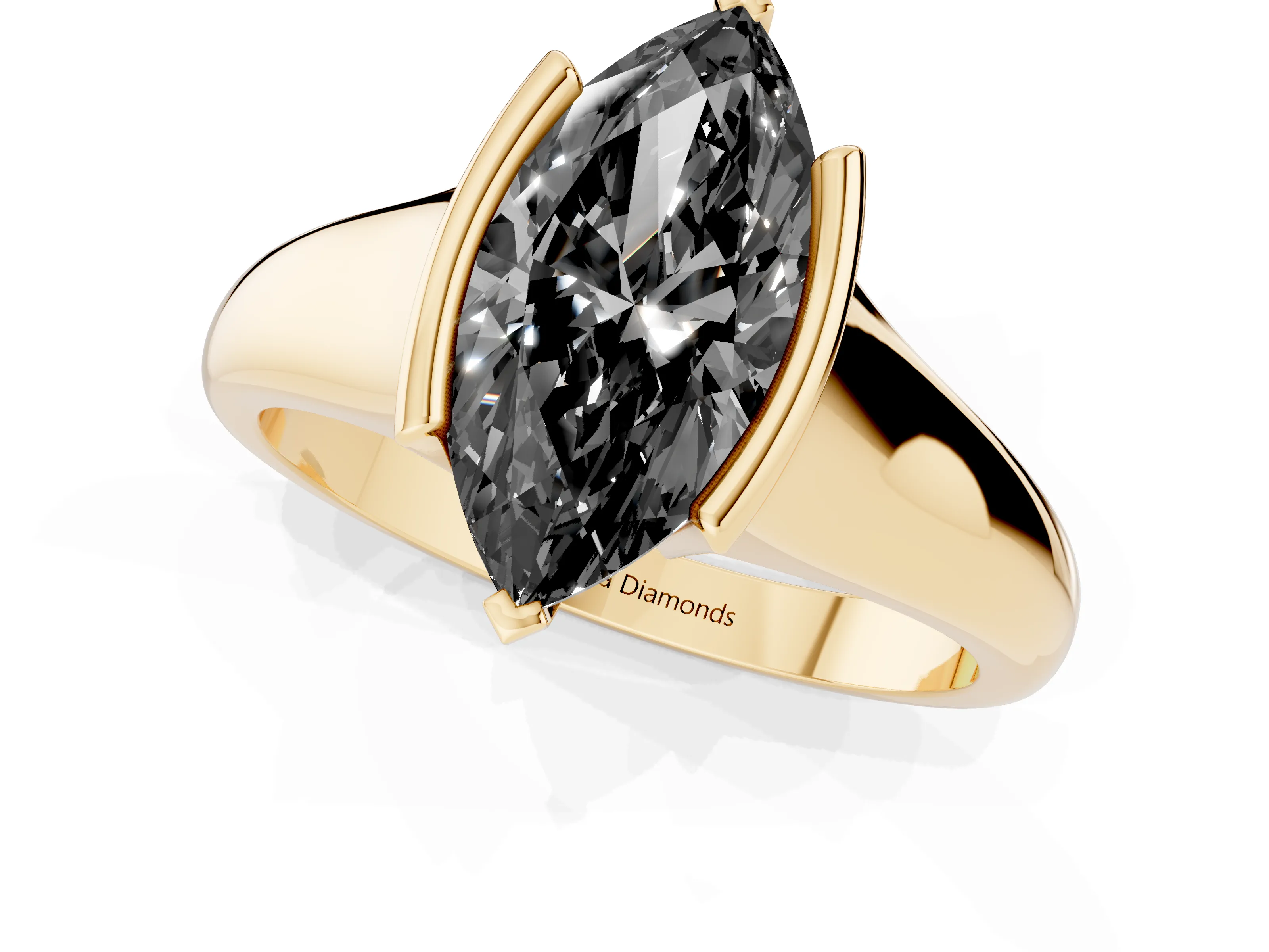 Fancy Black Marquise Cut Diamond Solitaire Tension Set Ring Set in Yellow gold with Split Shank Band