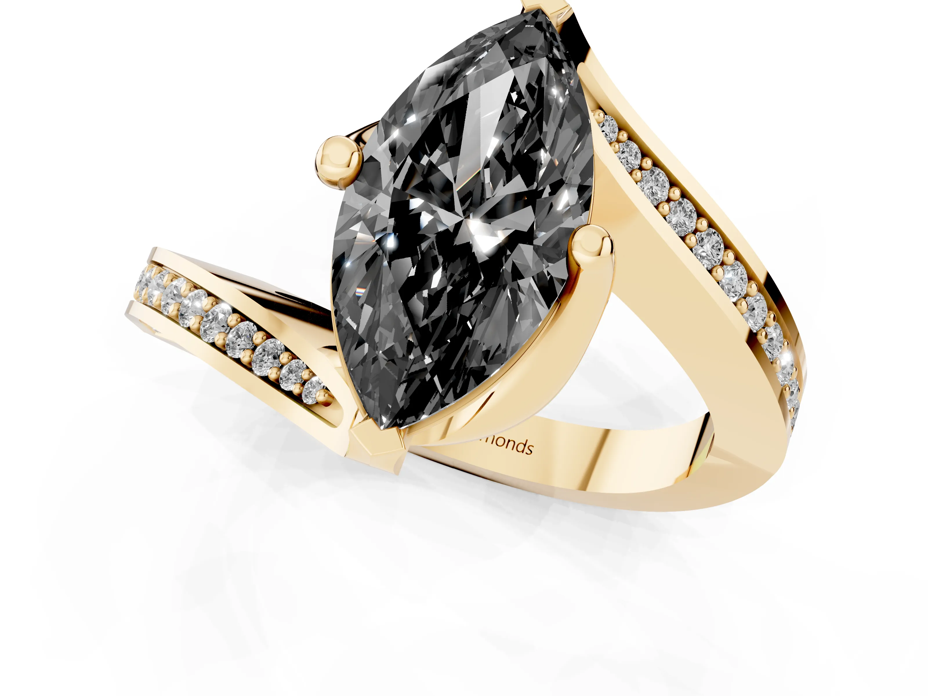 Fancy Black Marquise Cut Diamond Solitaire Ring Set in Yellow gold with Intertwined Pavé Twist Band