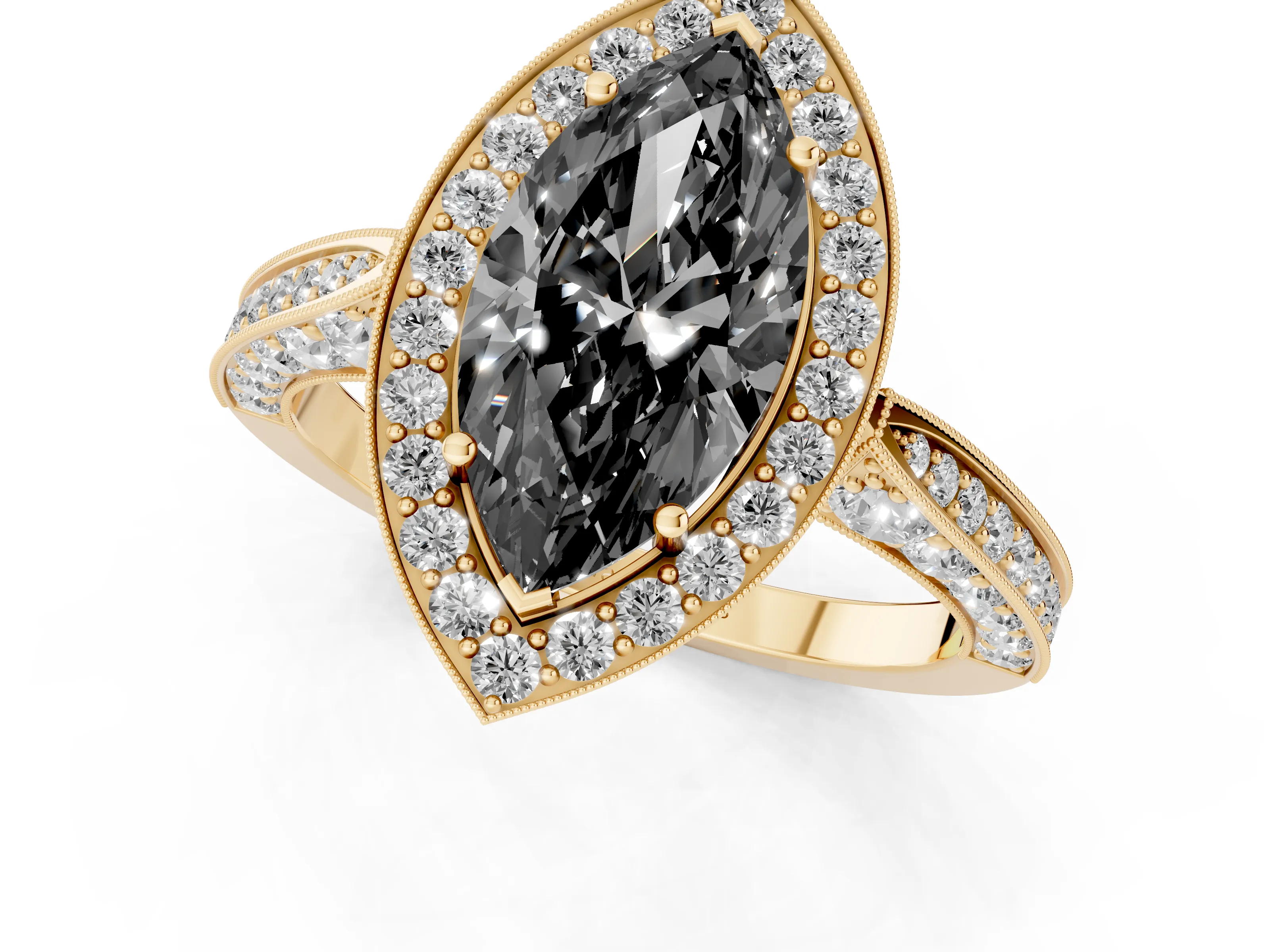 Fancy Black Marquise Cut Diamond Halo Engagement Ring Set in Yellow gold with Accent Split Shank Band