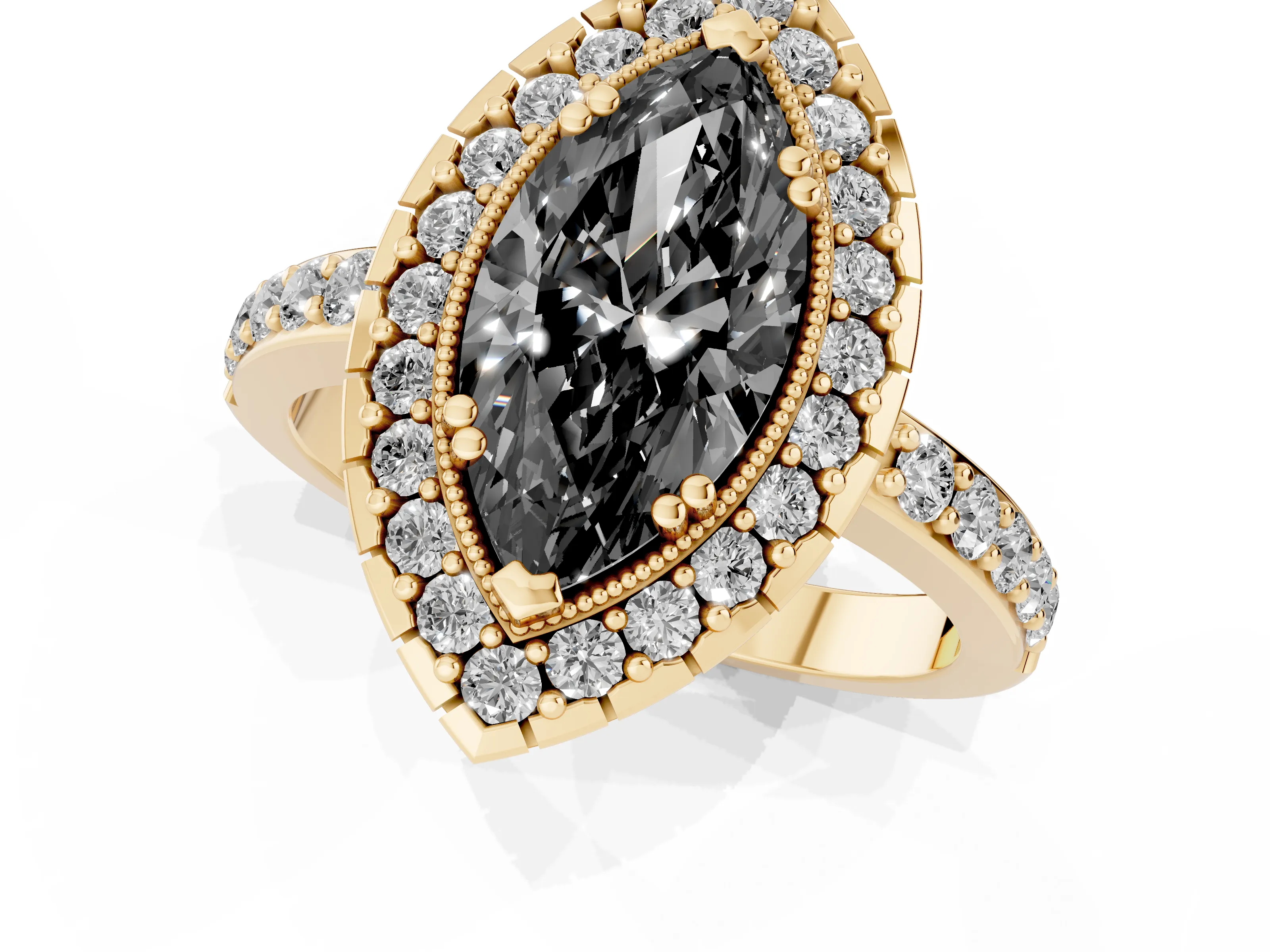 Fancy Black Marquise Cut Diamond Halo Ring Set in Yellow gold with Pavé Shank and Prong Setting