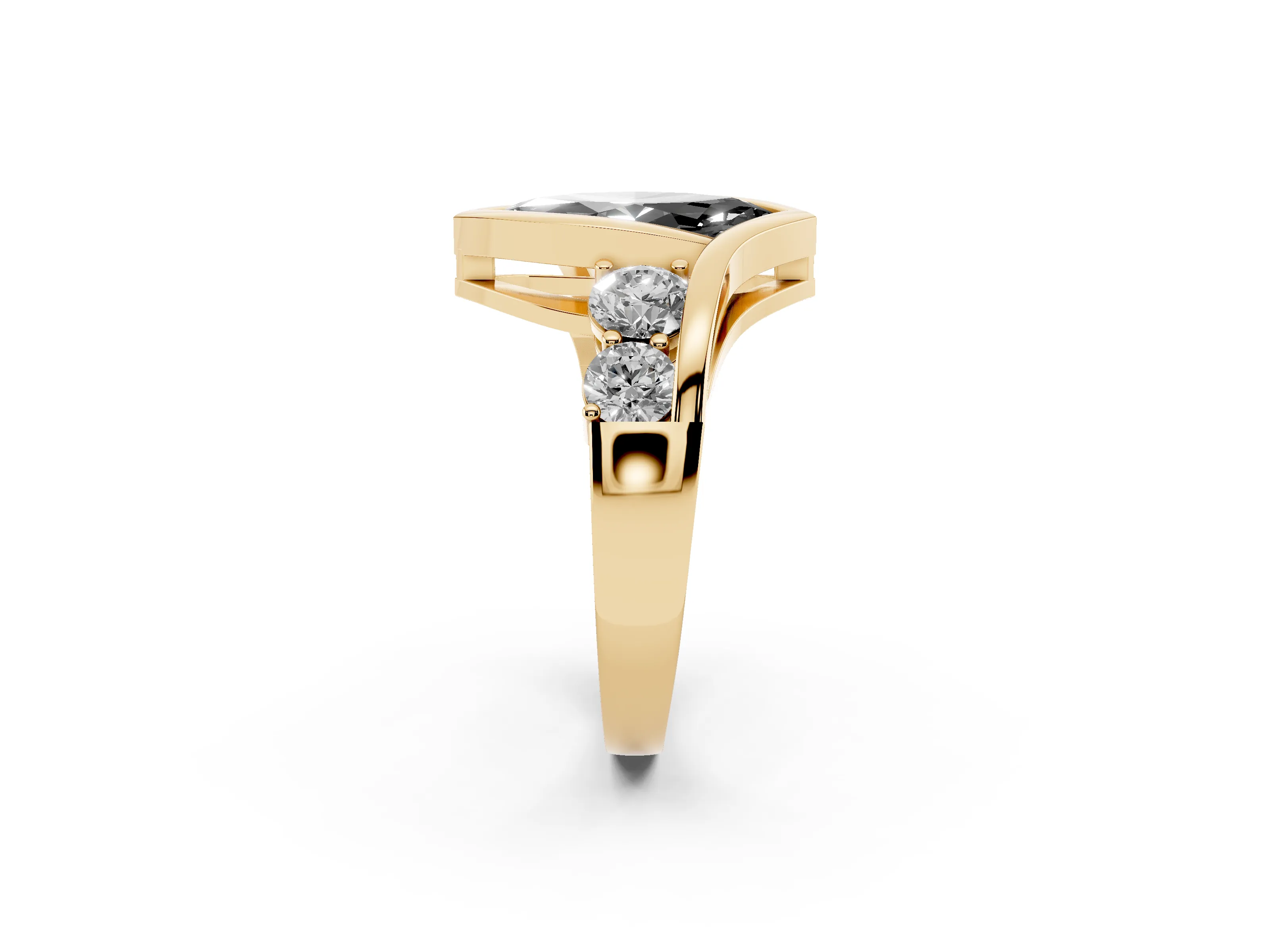 Fancy Black Marquise Cut Diamond Bezel Bypass Ring Set in Yellow gold with Round Accents