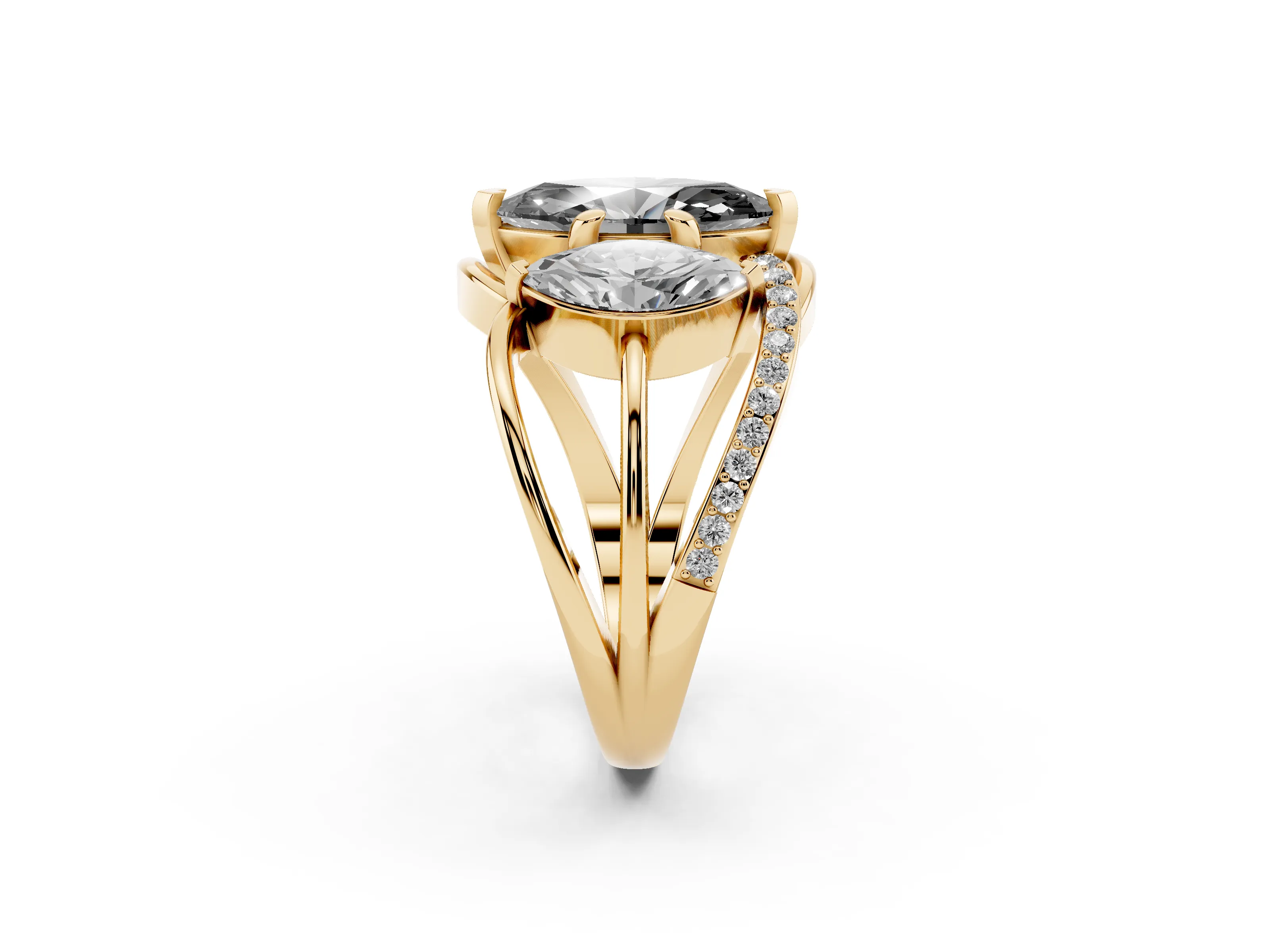 Fancy Black Marquise Cut Diamond Three-Stone Ring Set in Yellow gold with Split Shank and Prong Setting