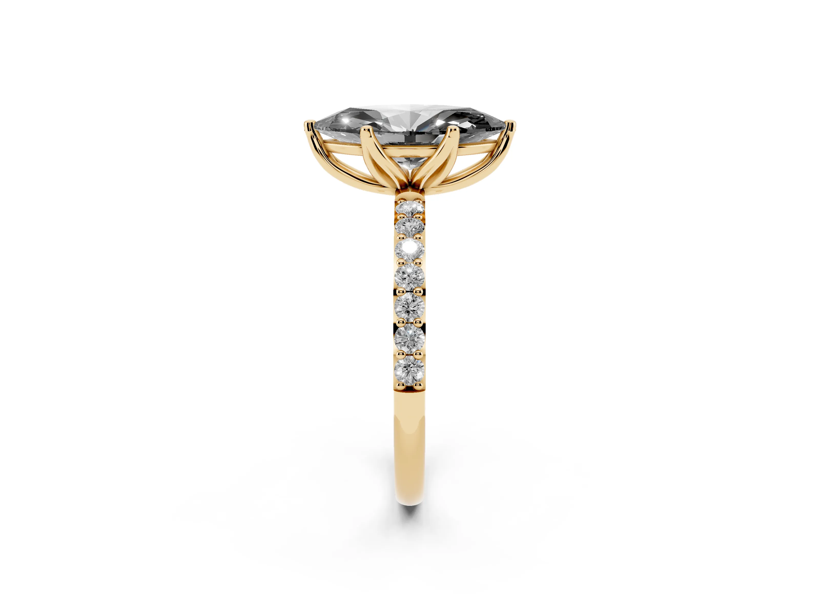 Fancy Black Marquise Cut Diamond Solitaire Engagement Ring Set in Yellow gold with Round Pavé Band and Prong Setting