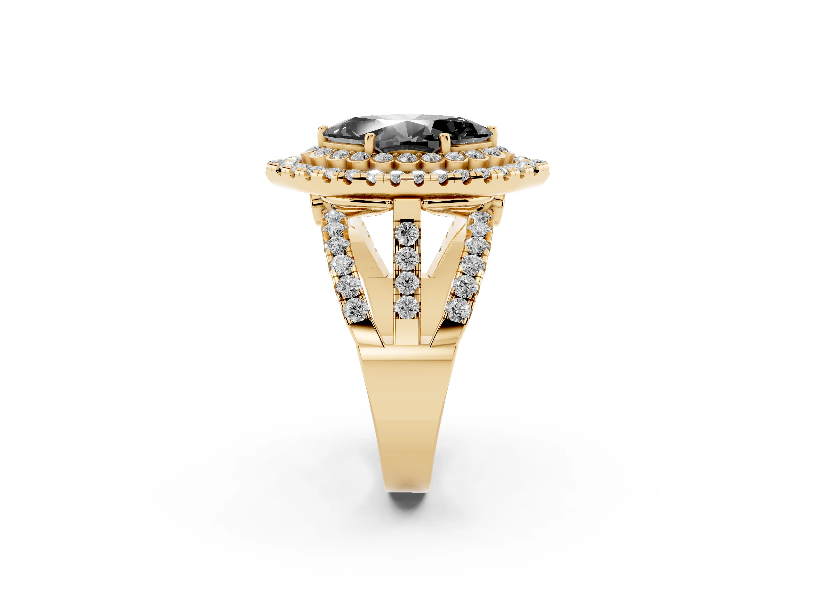 Fancy Black Marquise Cut Diamond Double Halo Ring Set in Yellow gold with Round Pavé Split Shank