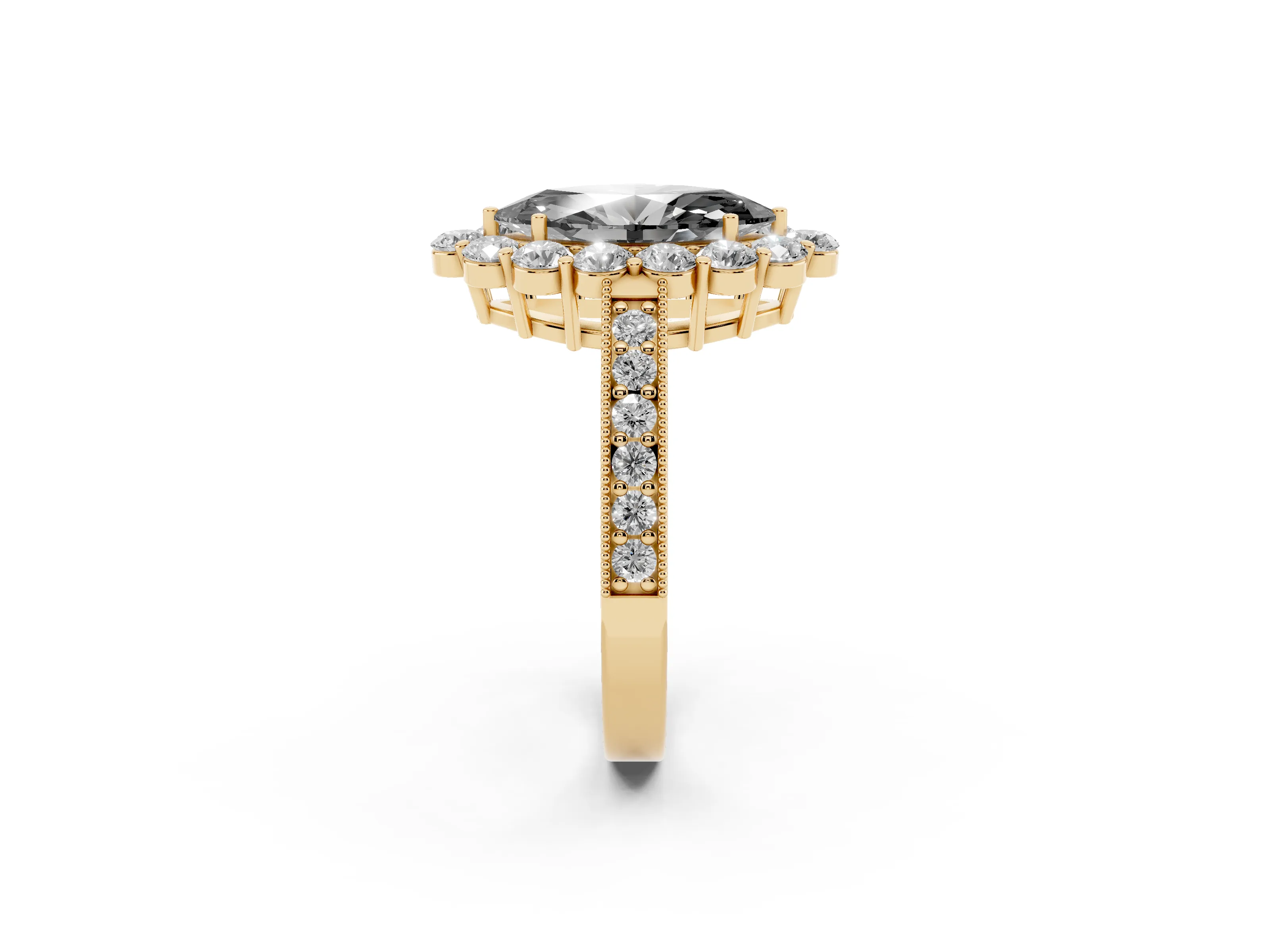 Fancy Black Marquise Cut Diamond Halo Pavé Engagement Ring Set in Yellow gold with Milgrain Detailing
