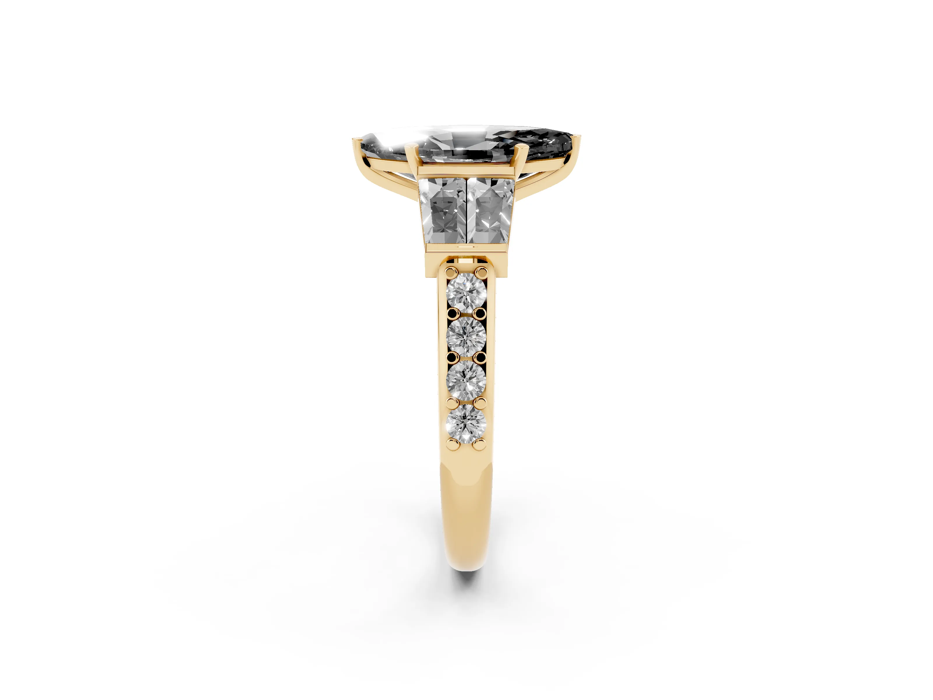 Fancy Black Marquise Cut Diamond Engagement Ring Set in Yellow gold with Baguette Side Stones and Channel Set Band