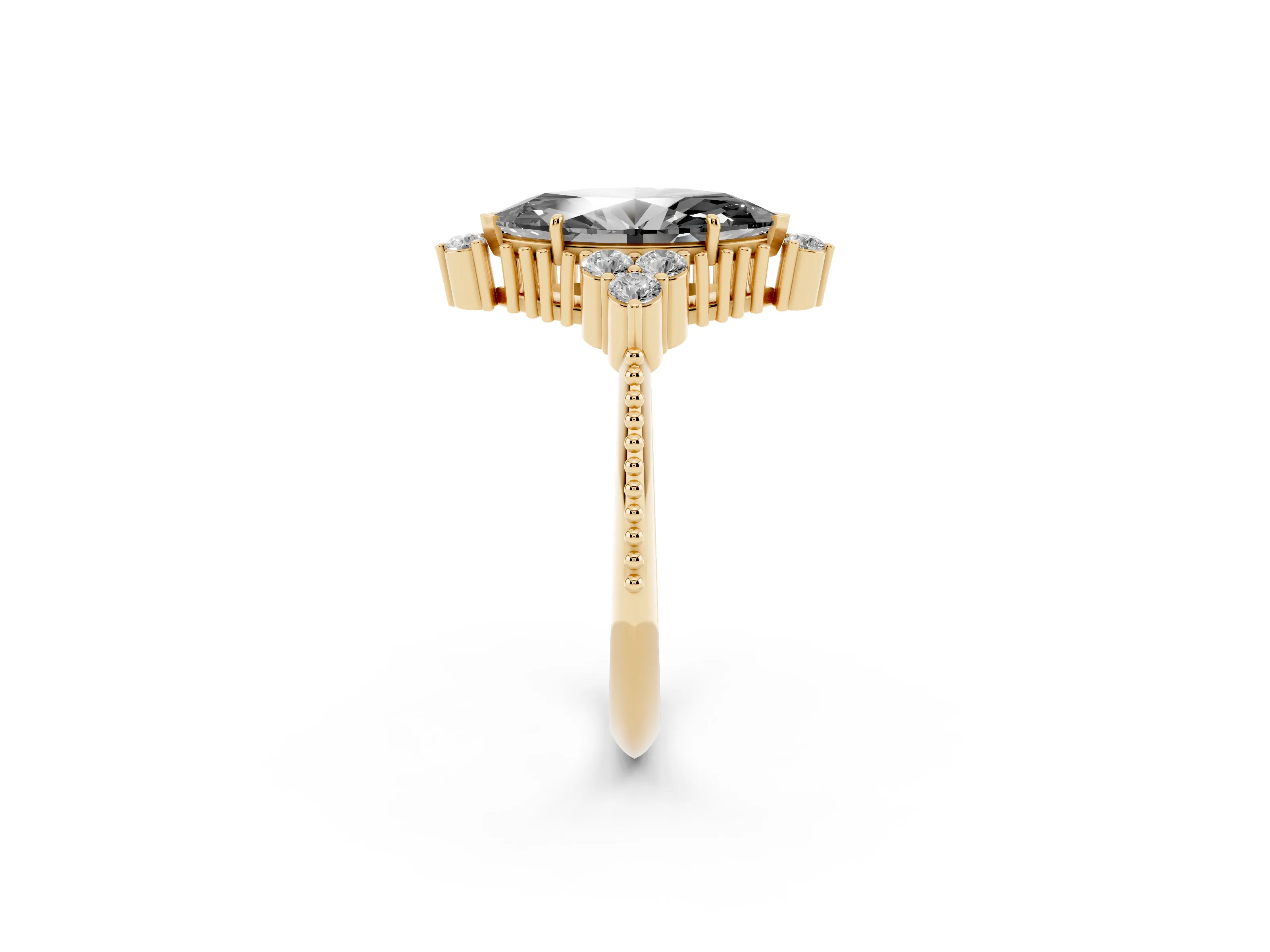 Fancy Black Marquise Cut Diamond Cluster Ring Set in Yellow gold with Beaded Band