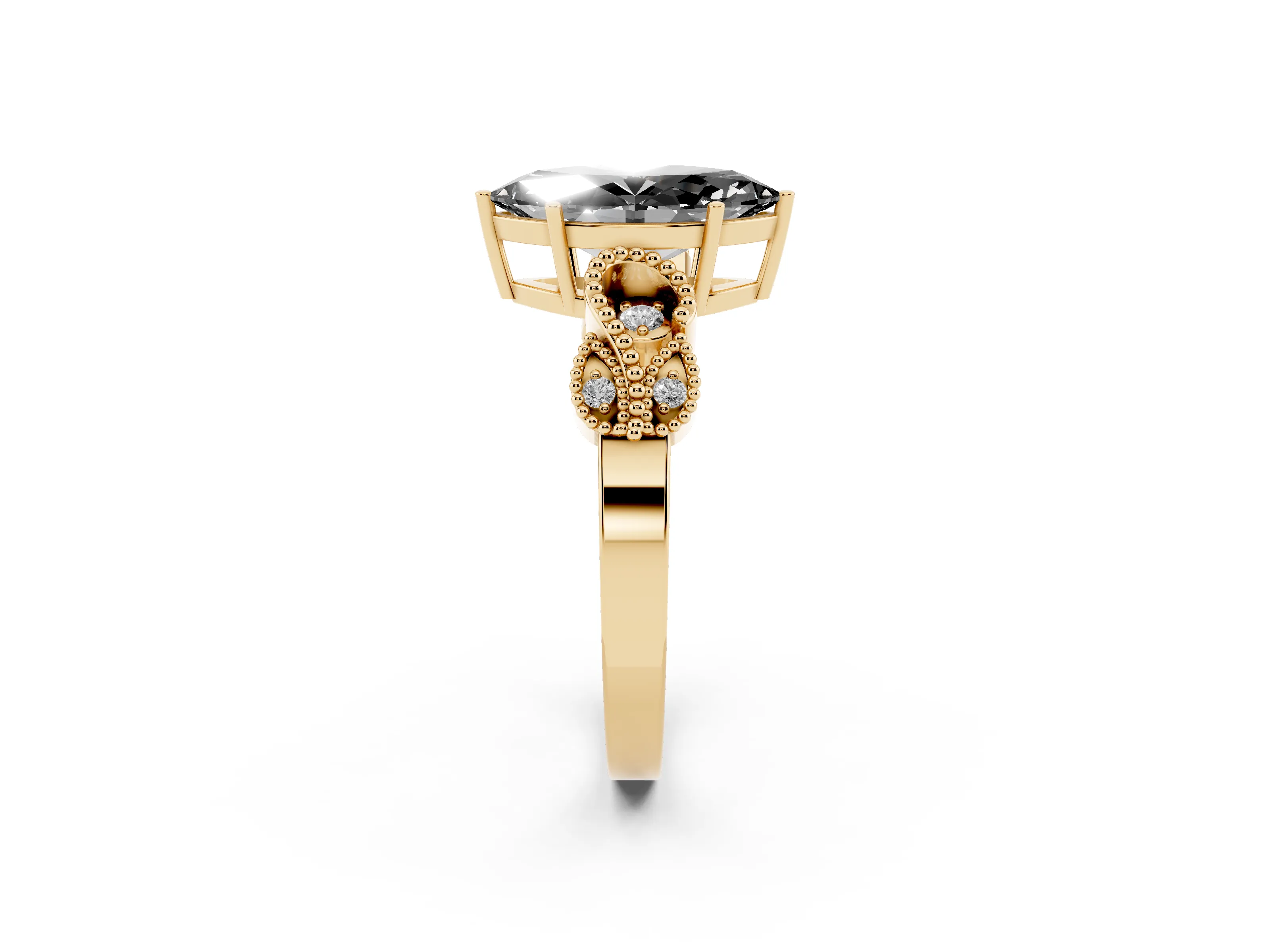 Fancy Black Marquise Cut Diamond Milgrain Leaf Band Solitaire Ring Set in Yellow gold with Accent Stones and Prong Setting