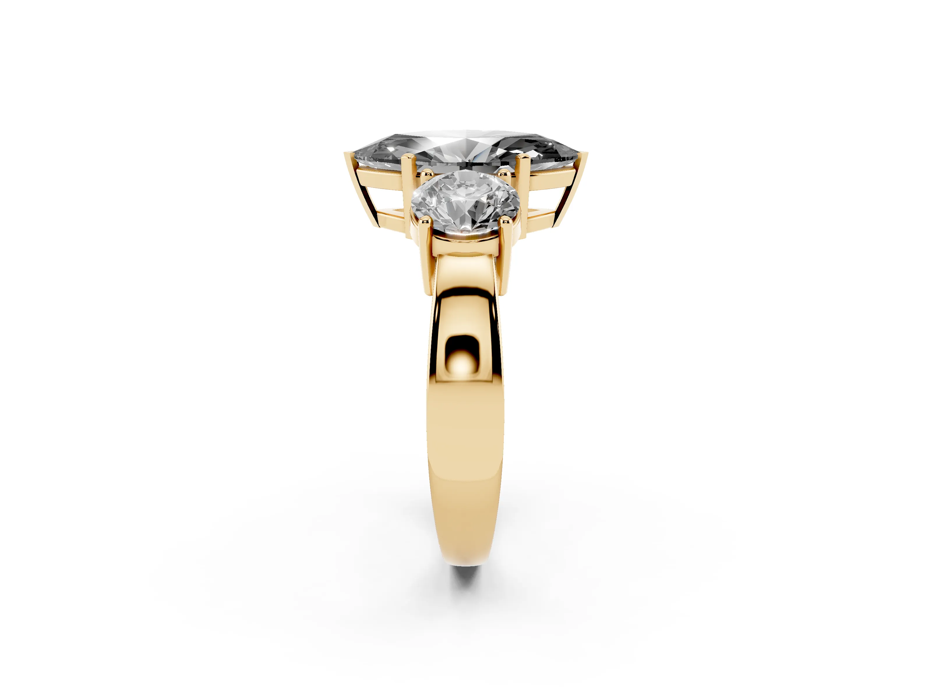 Fancy Black Marquise Cut Diamond Three-Stone Ring Set in Yellow gold with Round Side Stones and Classic Band