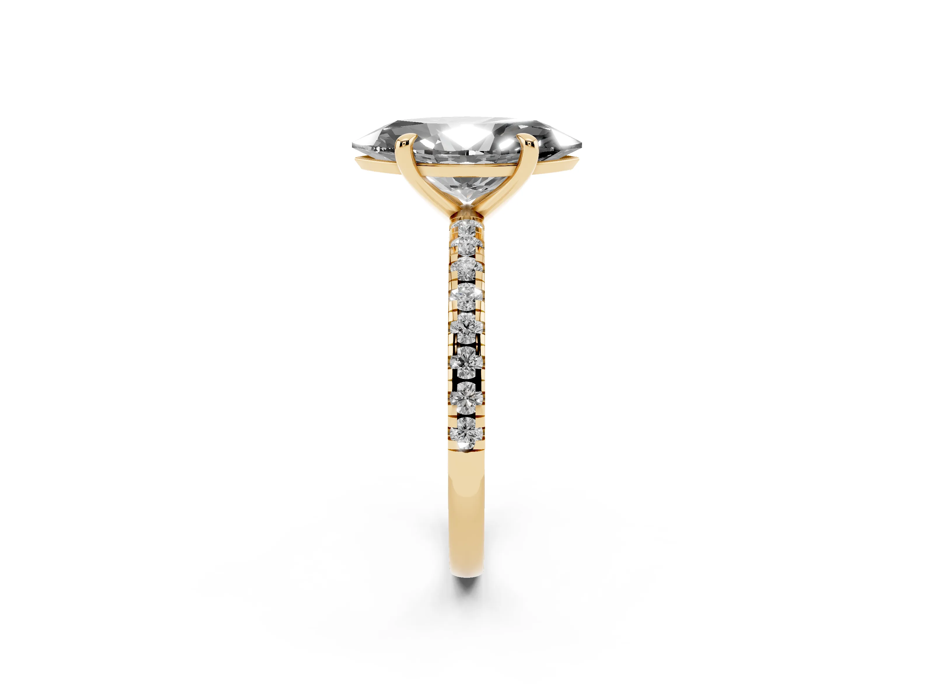 Fancy Black Marquise Cut Diamond Brilliant Solitaire Ring Set in Yellow gold with Pavé Band and Prong Setting