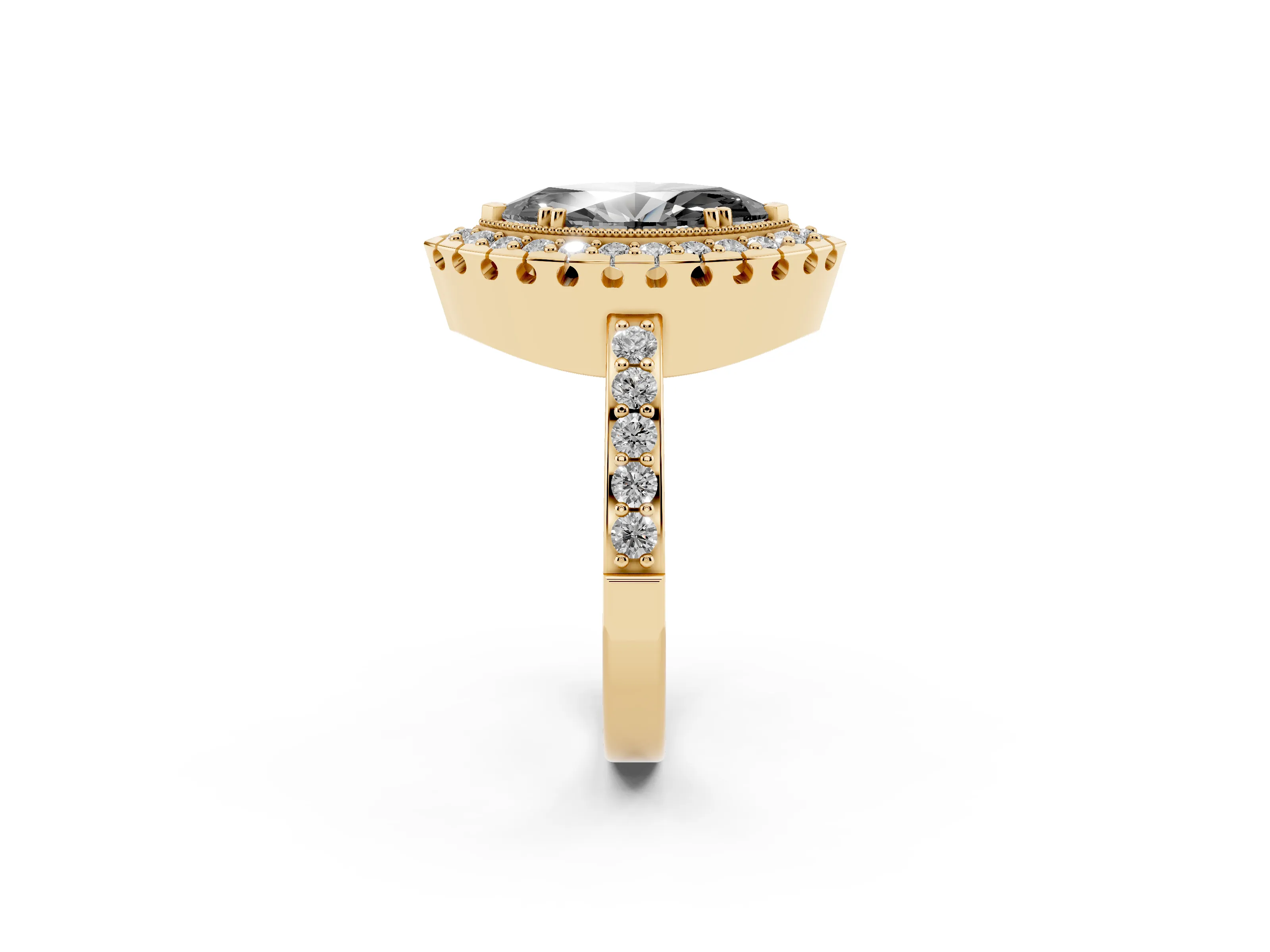 Fancy Black Marquise Cut Diamond Halo Ring Set in Yellow gold with Pavé Shank and Prong Setting