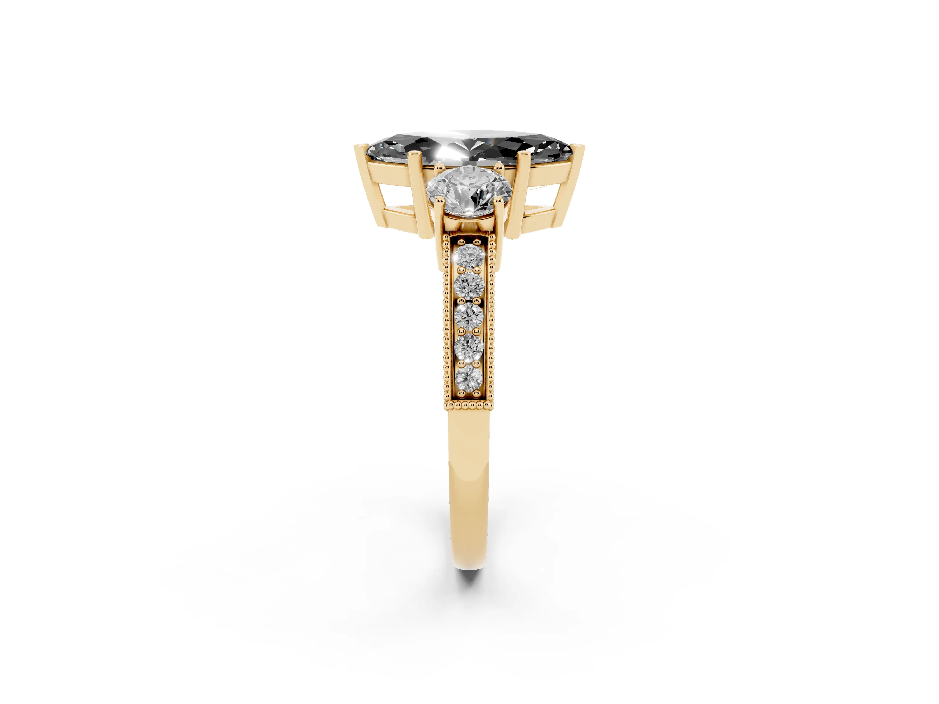 Fancy Black Marquise Cut Diamond Three-Stone Ring Set in Yellow gold with Round Side Stones and Pavé Band