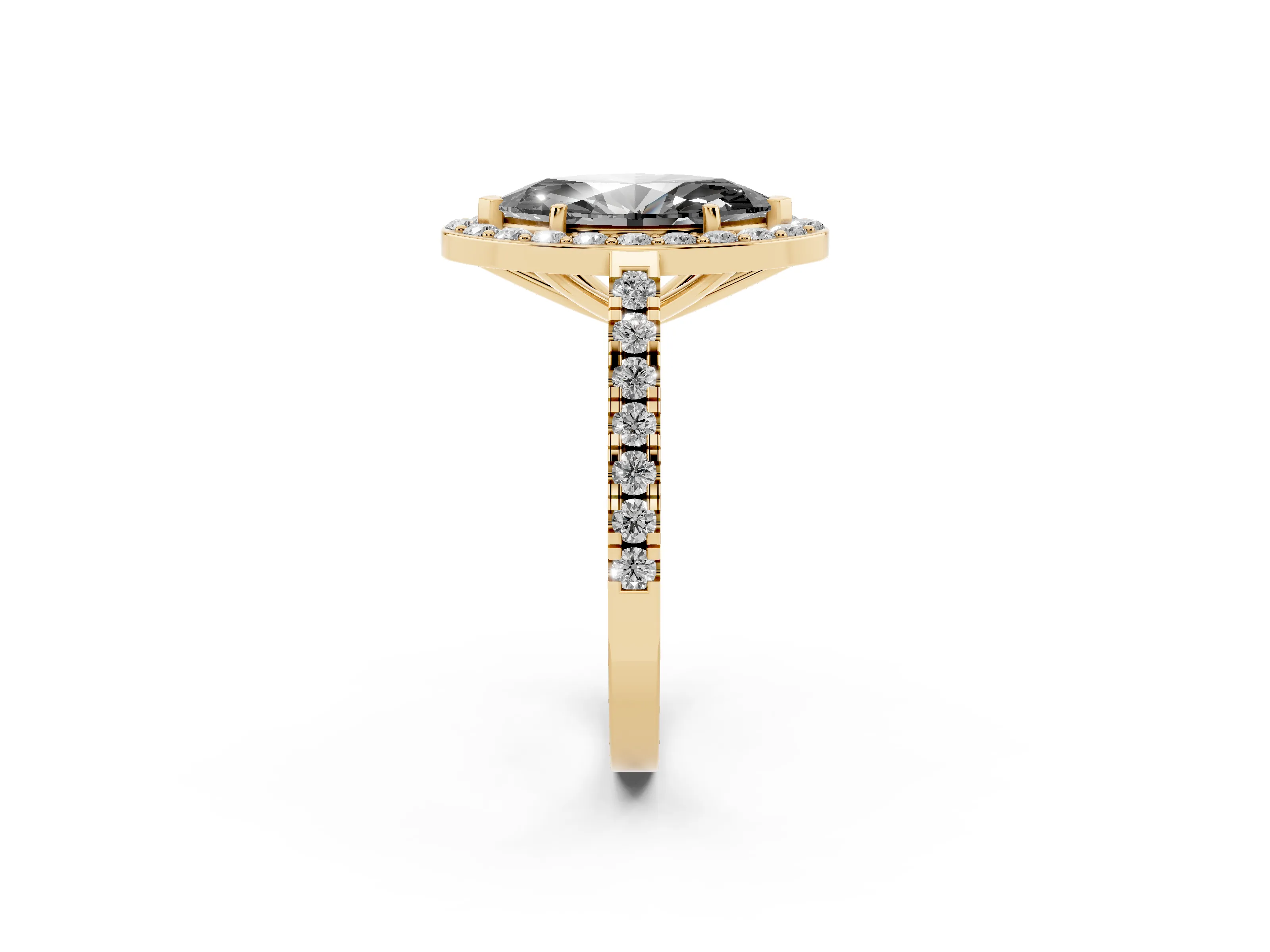 Fancy Black Marquise Cut Diamond Halo Ring Set in Yellow gold with Round Pavé Split Shank and Prong Setting