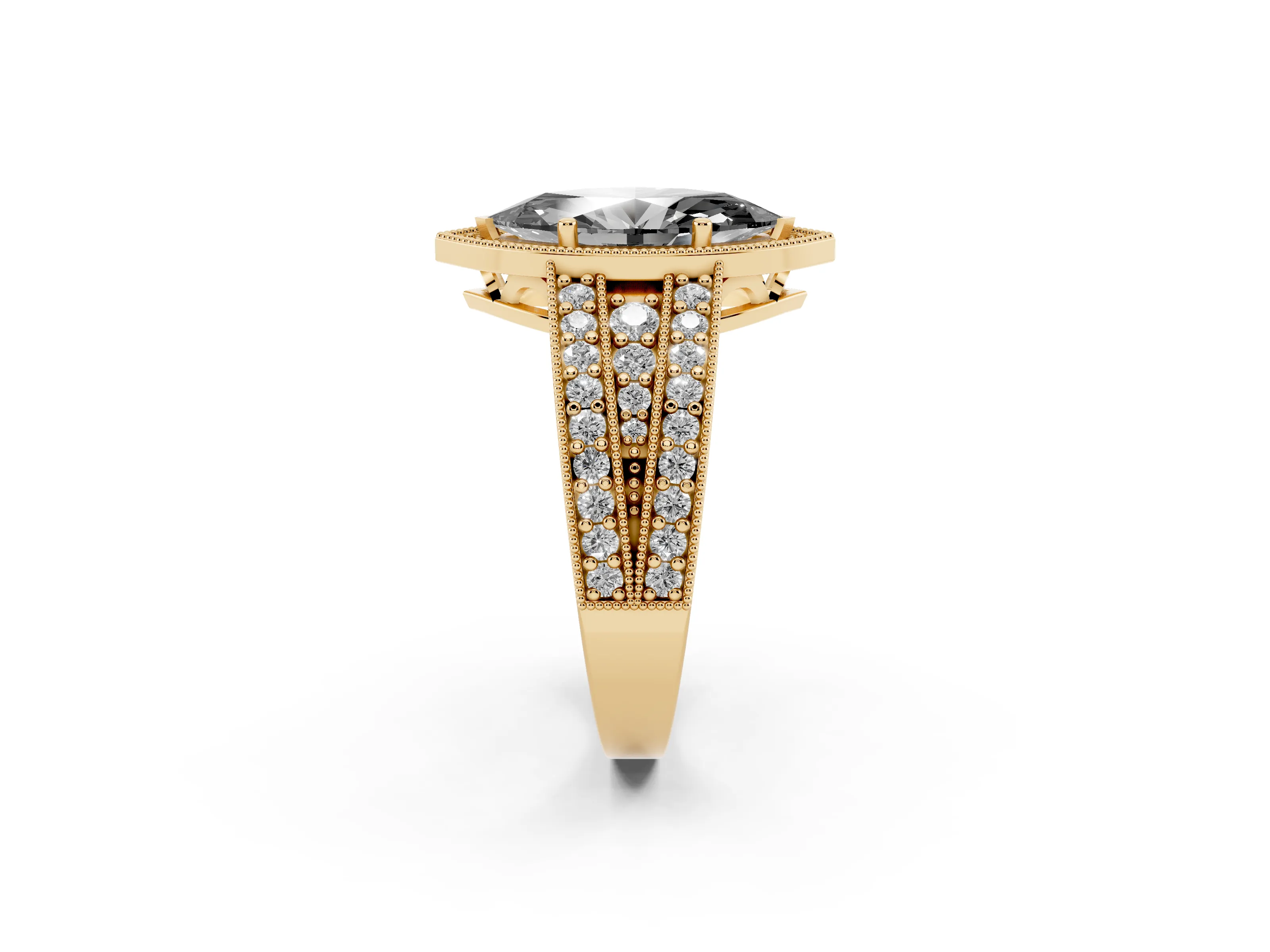Fancy Black Marquise Cut Diamond Halo Ring Set in Yellow gold with Accent Split Shank and Prong Setting