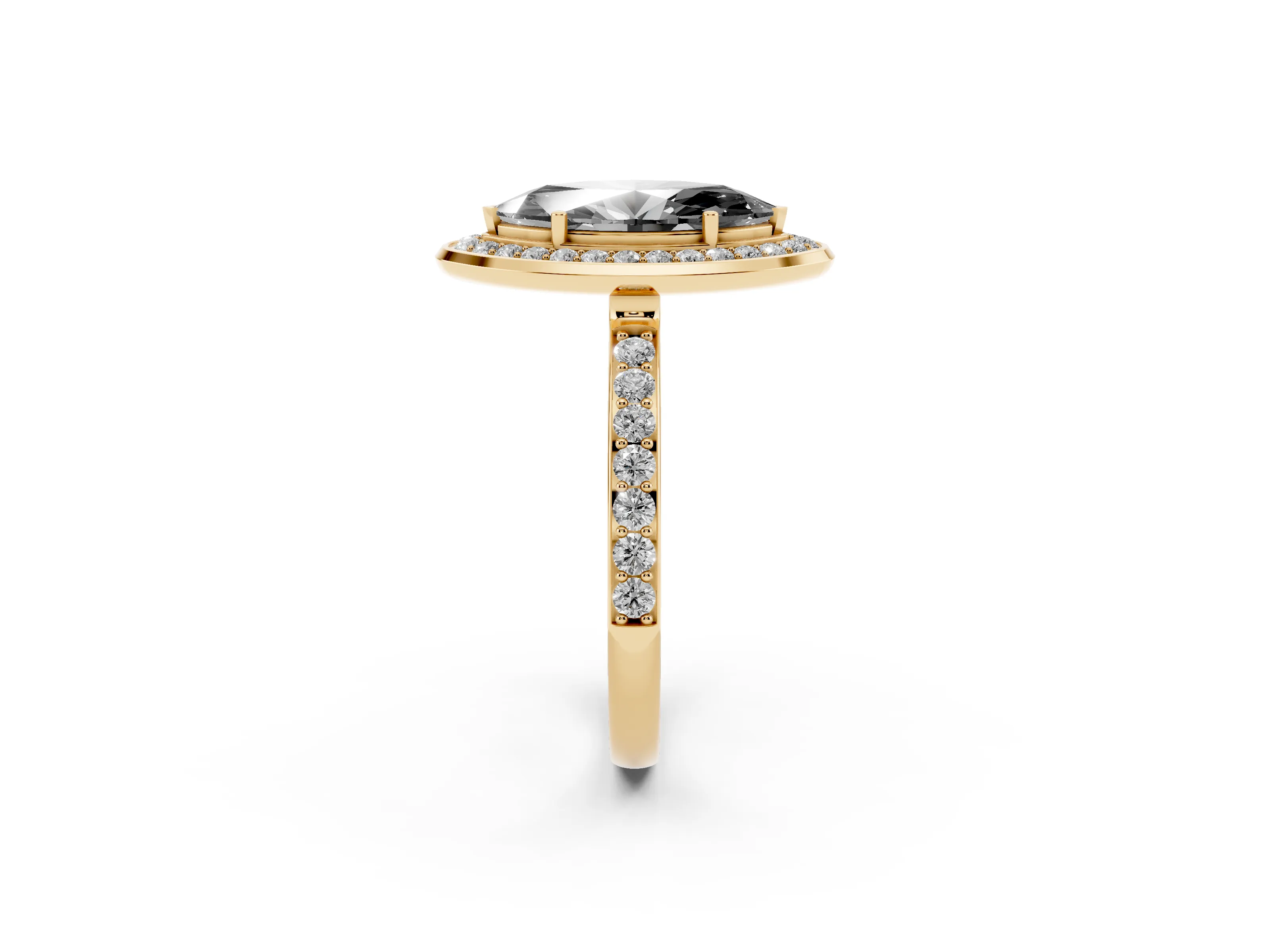 Fancy Black Marquise Cut Diamond Halo Ring Set in Yellow gold with Bezel Frame and Pavé Band