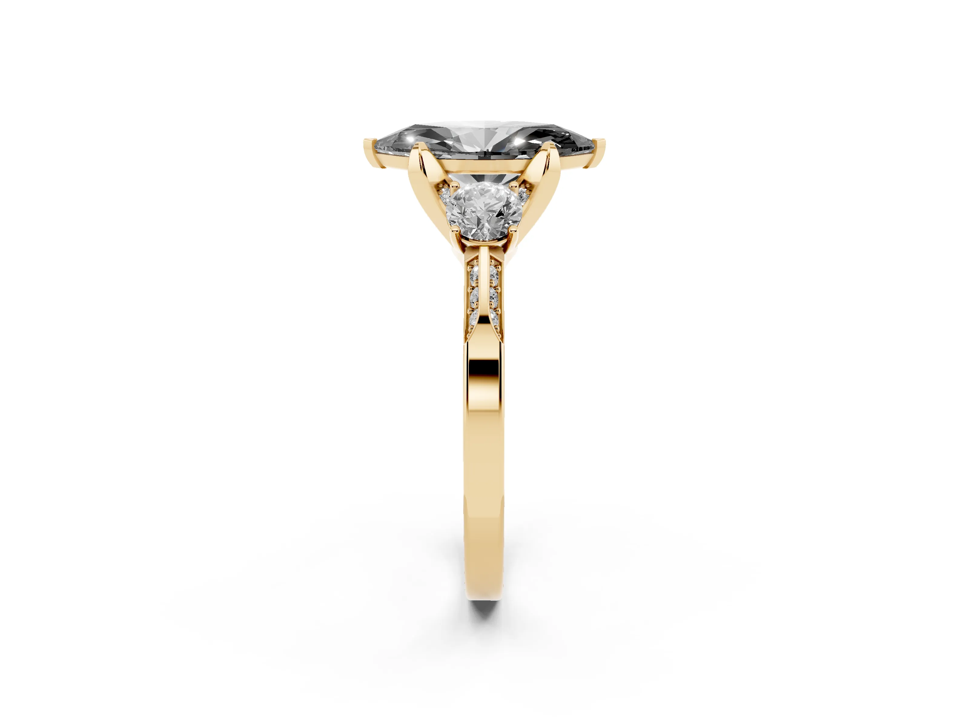 Fancy Black Marquise Cut Diamond Three-Stone Ring Set in Yellow gold with Pavé Band and Smaller Side Stones