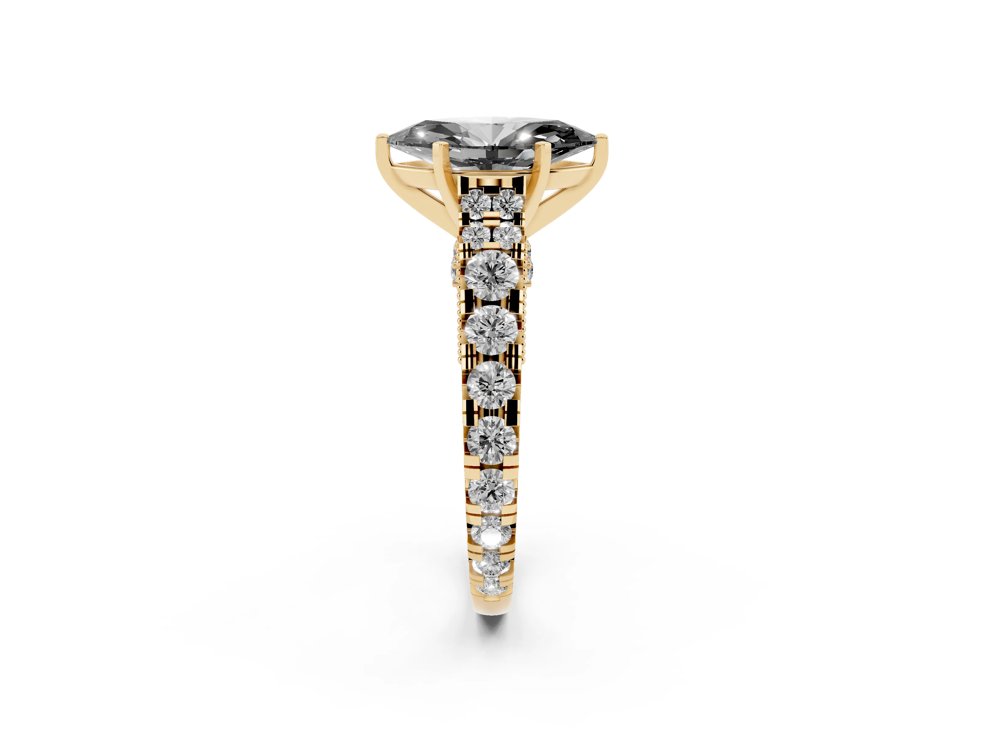 Fancy Black Marquise Cut Diamond Classic Solitaire Ring Set in Yellow gold with Pavé Band and Prong Setting