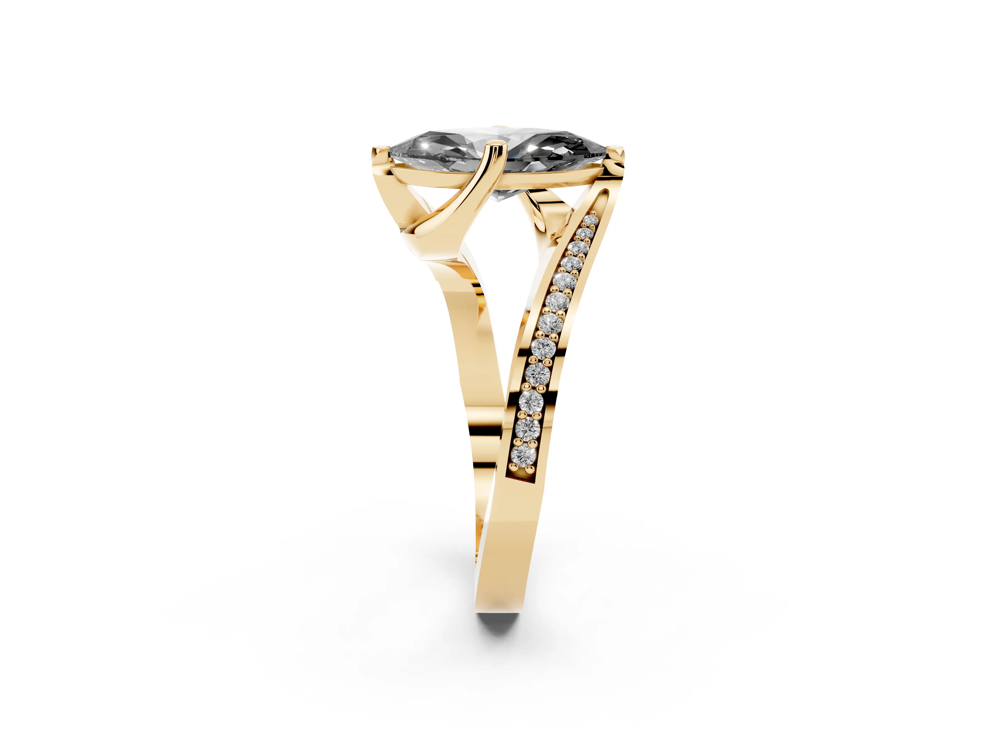 Fancy Black Marquise Cut Diamond Solitaire Ring Set in Yellow gold with Intertwined Pavé Twist Band