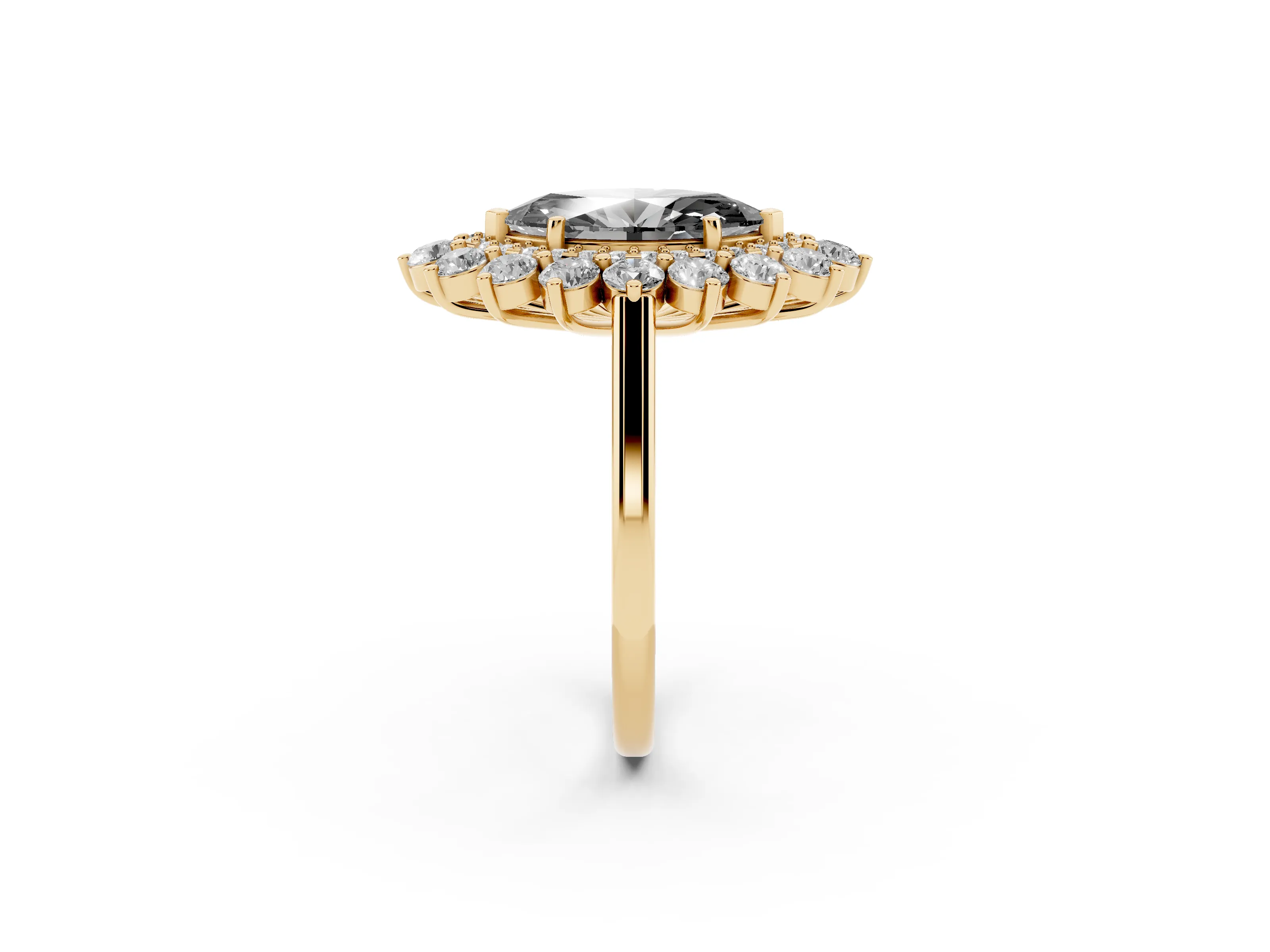 Fancy Black Marquise Cut Diamond Floral Double Halo Ring Set in Yellow gold with Round Petals