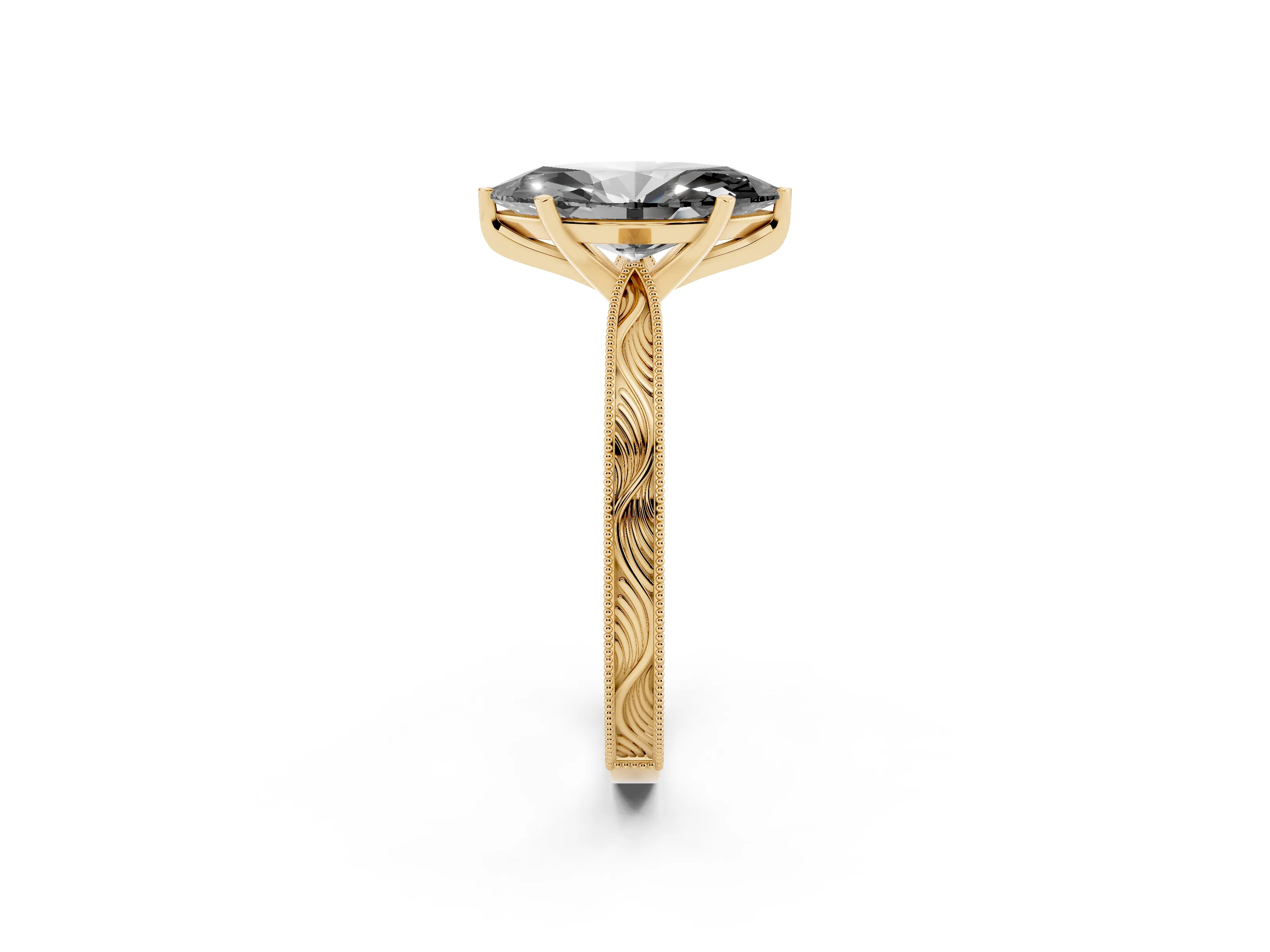 Fancy Black Marquise Cut Diamond Solitaire Milgrain Engraved Band Set in Yellow gold with Prong Setting