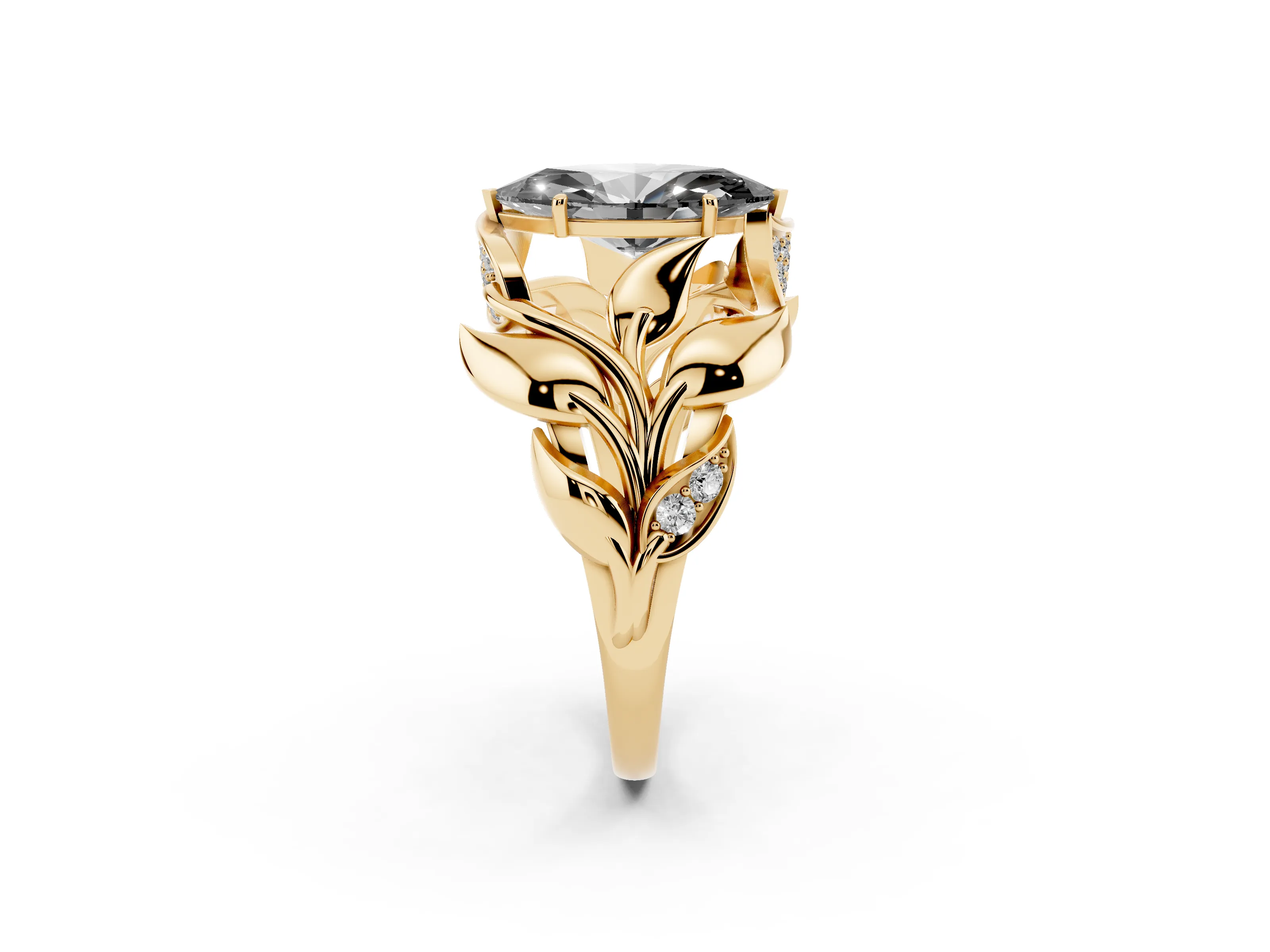 Fancy Black Marquise Cut Diamond Leaf-Inspired Engagement Ring Set in Yellow gold with Round Accents