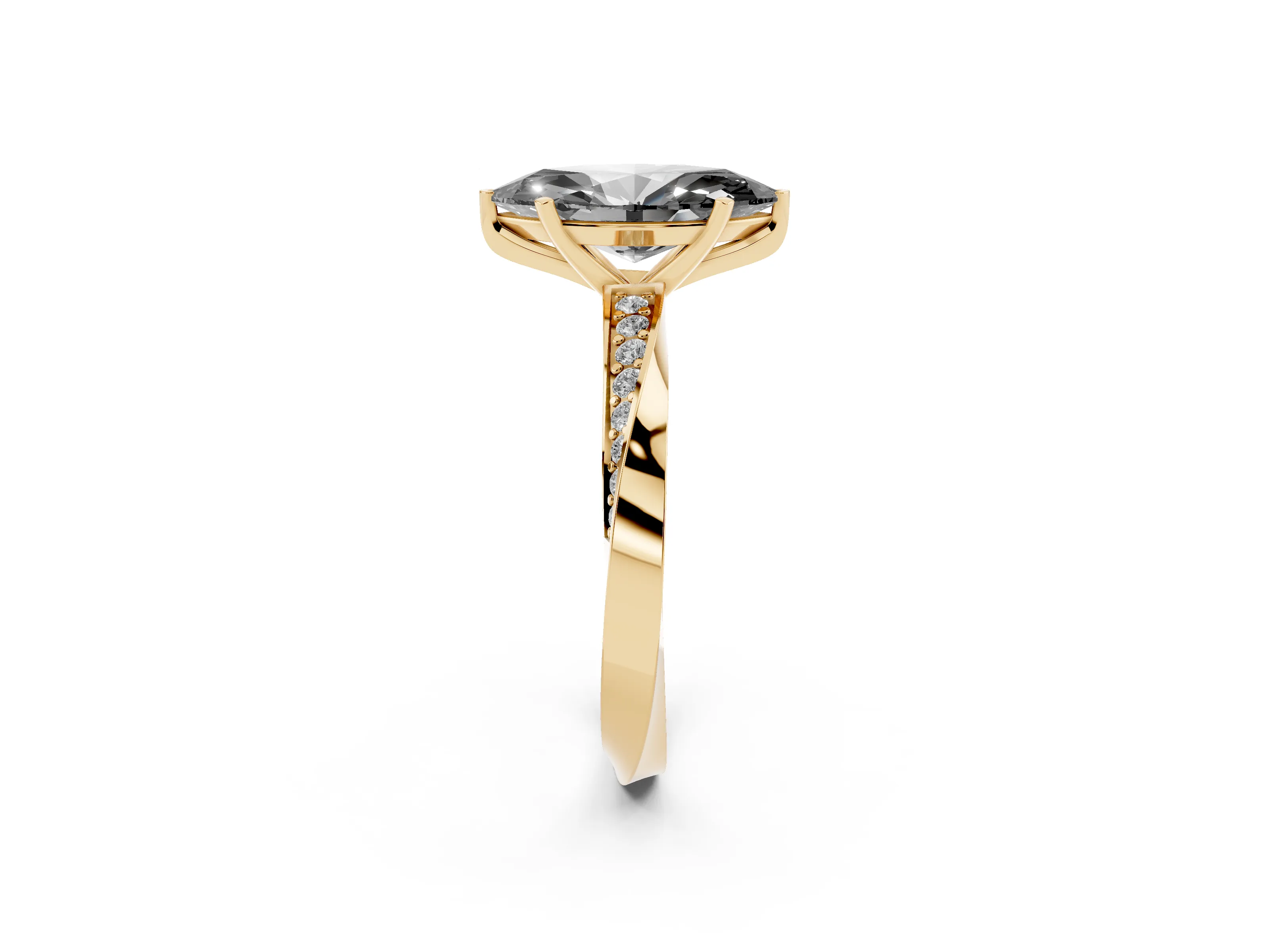 Fancy Black Marquise Cut Diamond Engagement Ring Set in Yellow gold with Side Stone Accents and Prong Setting
