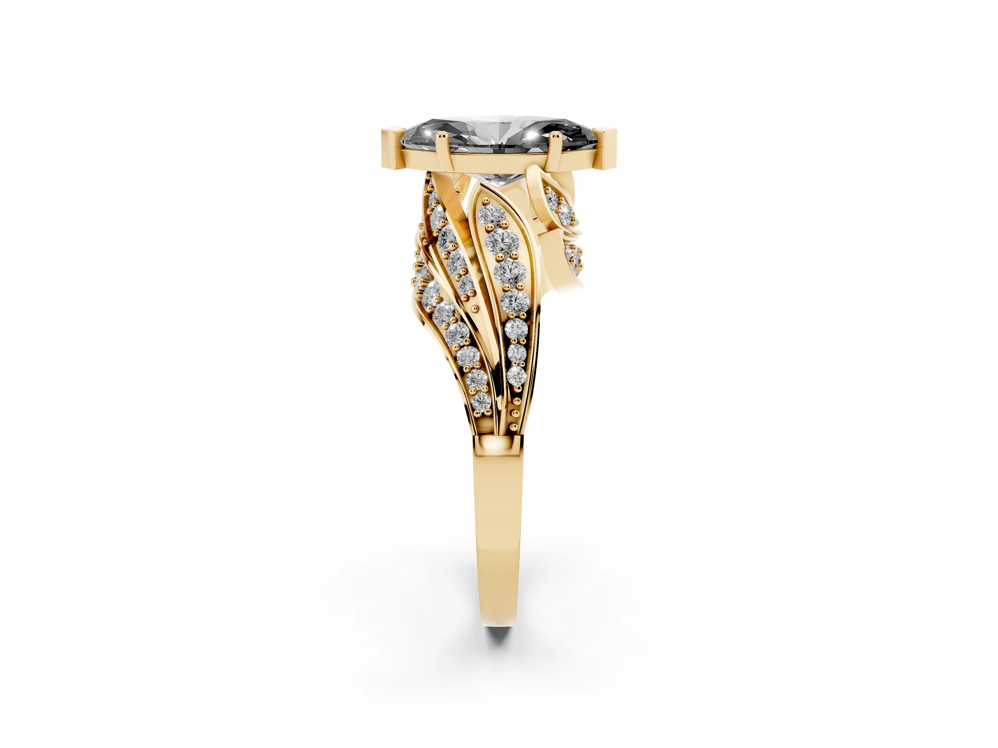 Fancy Black Marquise Cut Diamond Solitaire Ring Set in Yellow gold with Layered Twist Pavé Band