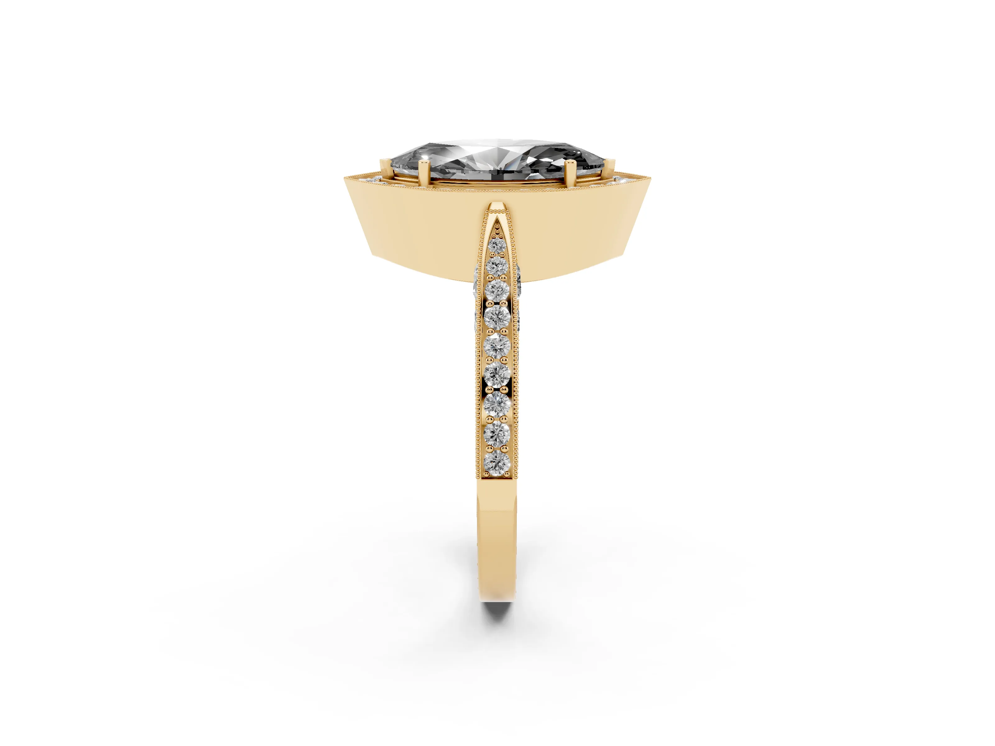 Fancy Black Marquise Cut Diamond Halo Engagement Ring Set in Yellow gold with Accent Split Shank Band