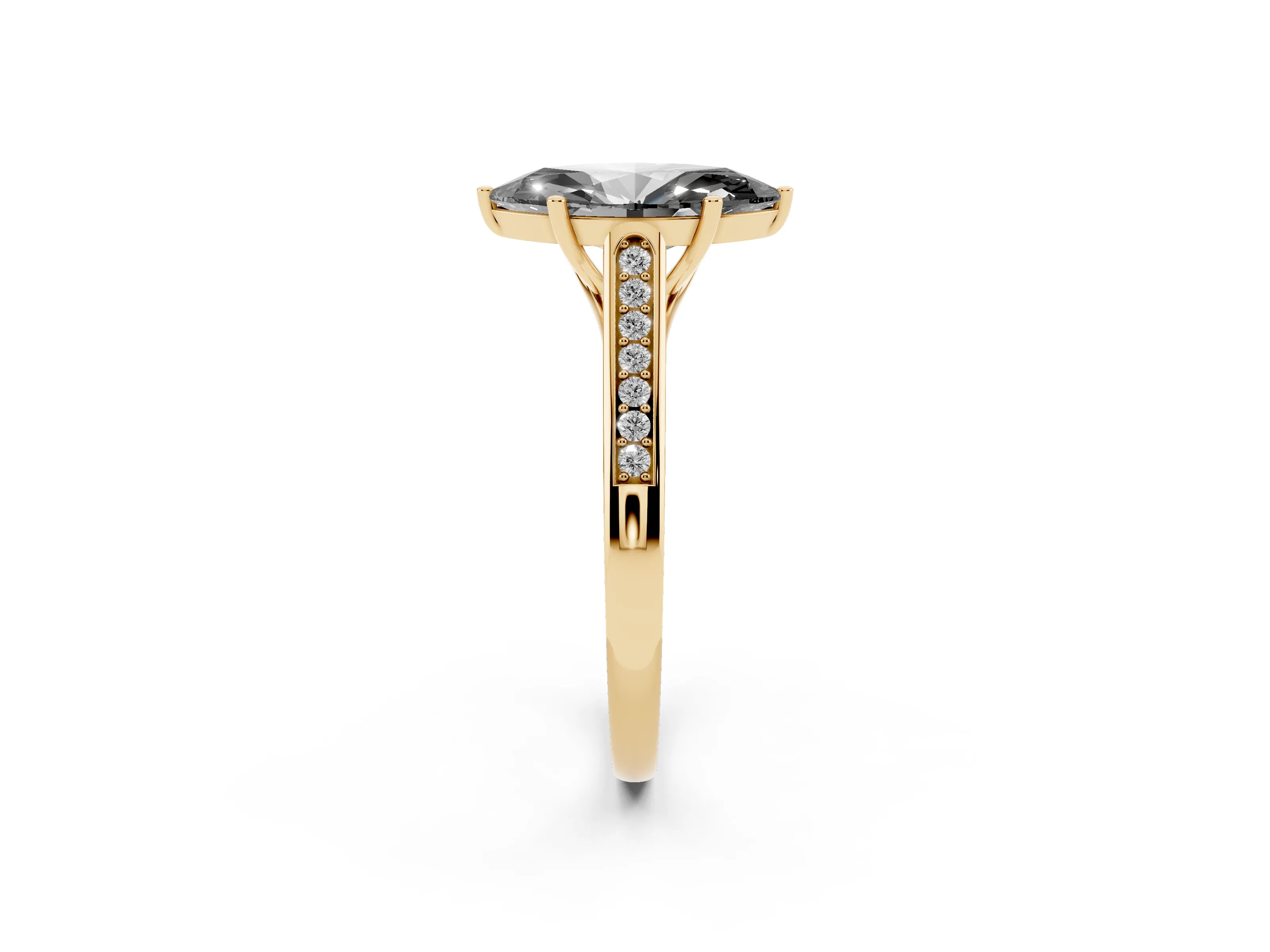 Fancy Black Marquise Cut Diamond Solitaire Cathedral Engagement Ring Set in Yellow gold with Channel-Set Band and Prong Setting