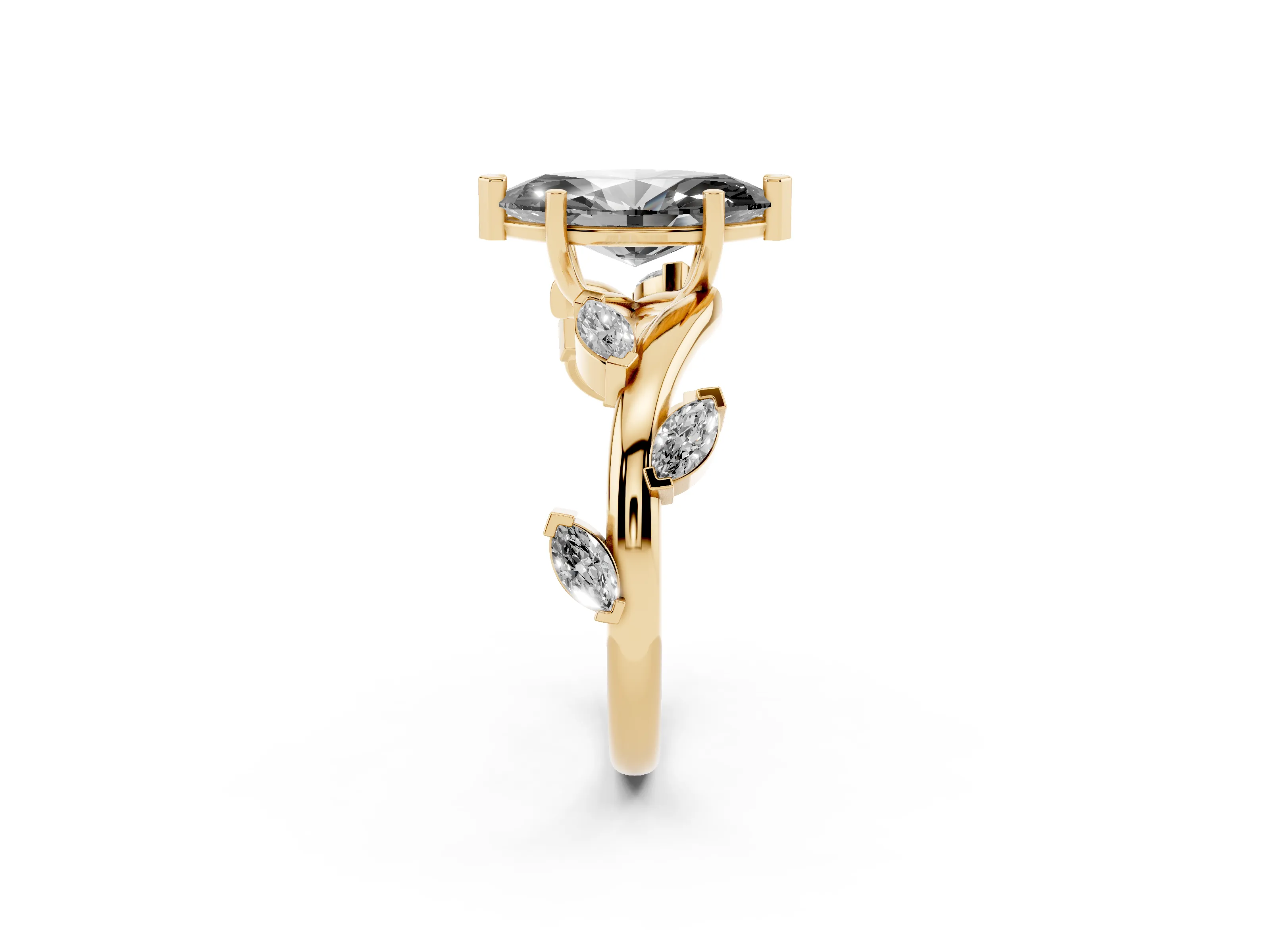 Fancy Black Marquise Cut Diamond Solitaire Ring Set in Yellow gold with Twisted Marquise Accent Band