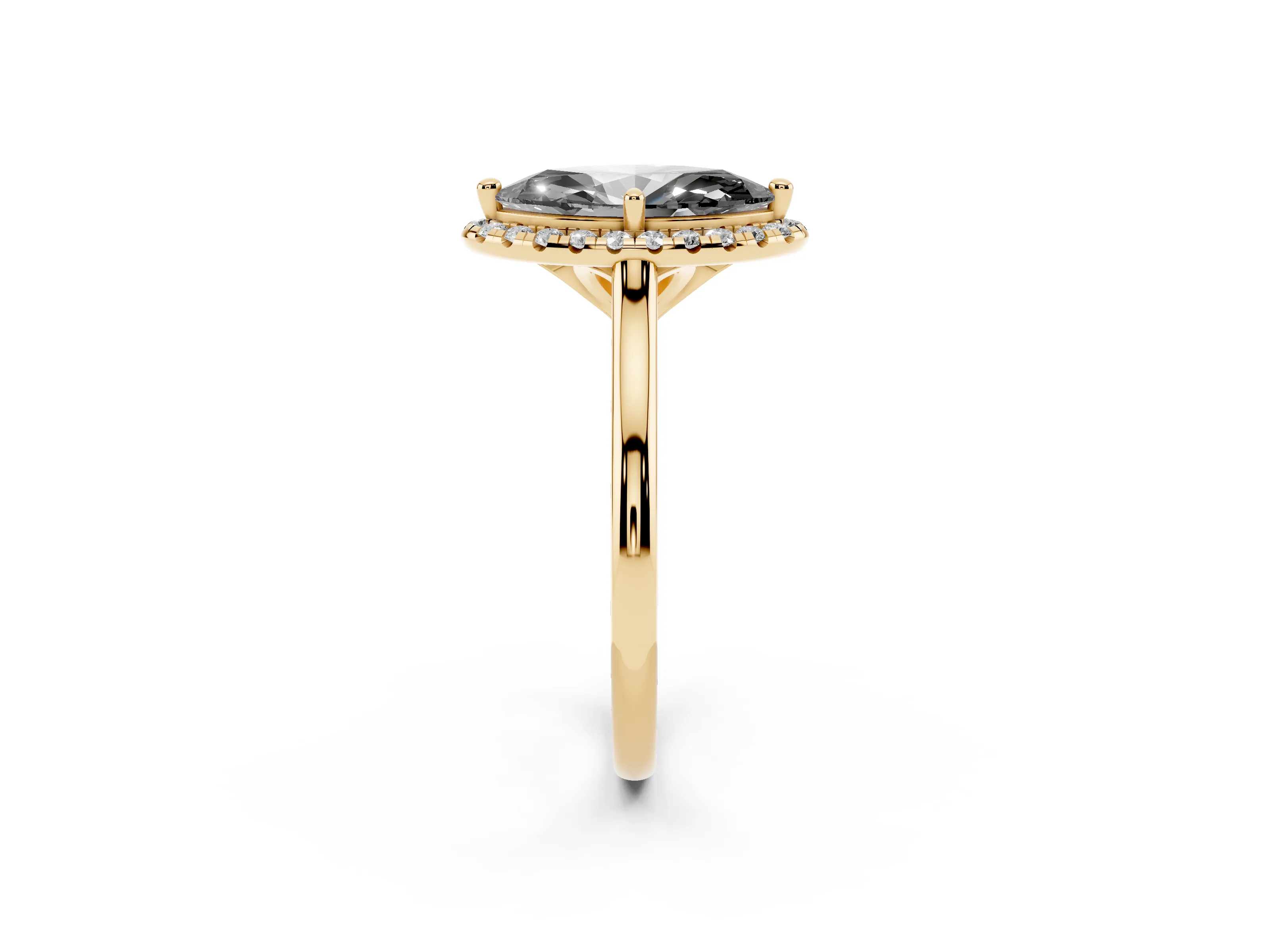 Fancy Black Marquise Cut Diamond Halo Engagement Ring Set in Yellow gold with Pavé Band and Rising Shoulders