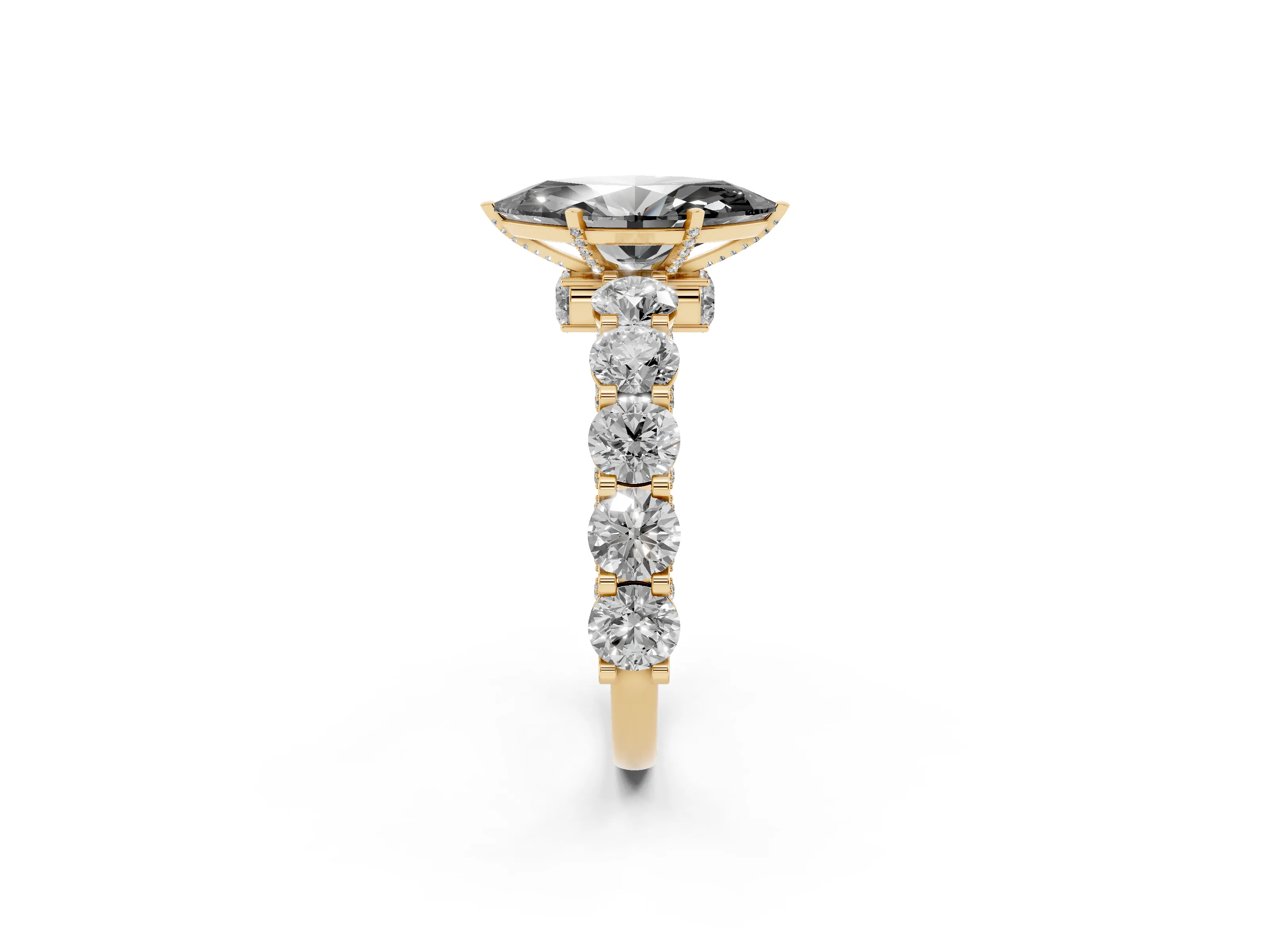 Fancy Black Marquise Cut Diamond Side Stone Ring Set in Yellow gold with Alternating Round and Oval Side Stones